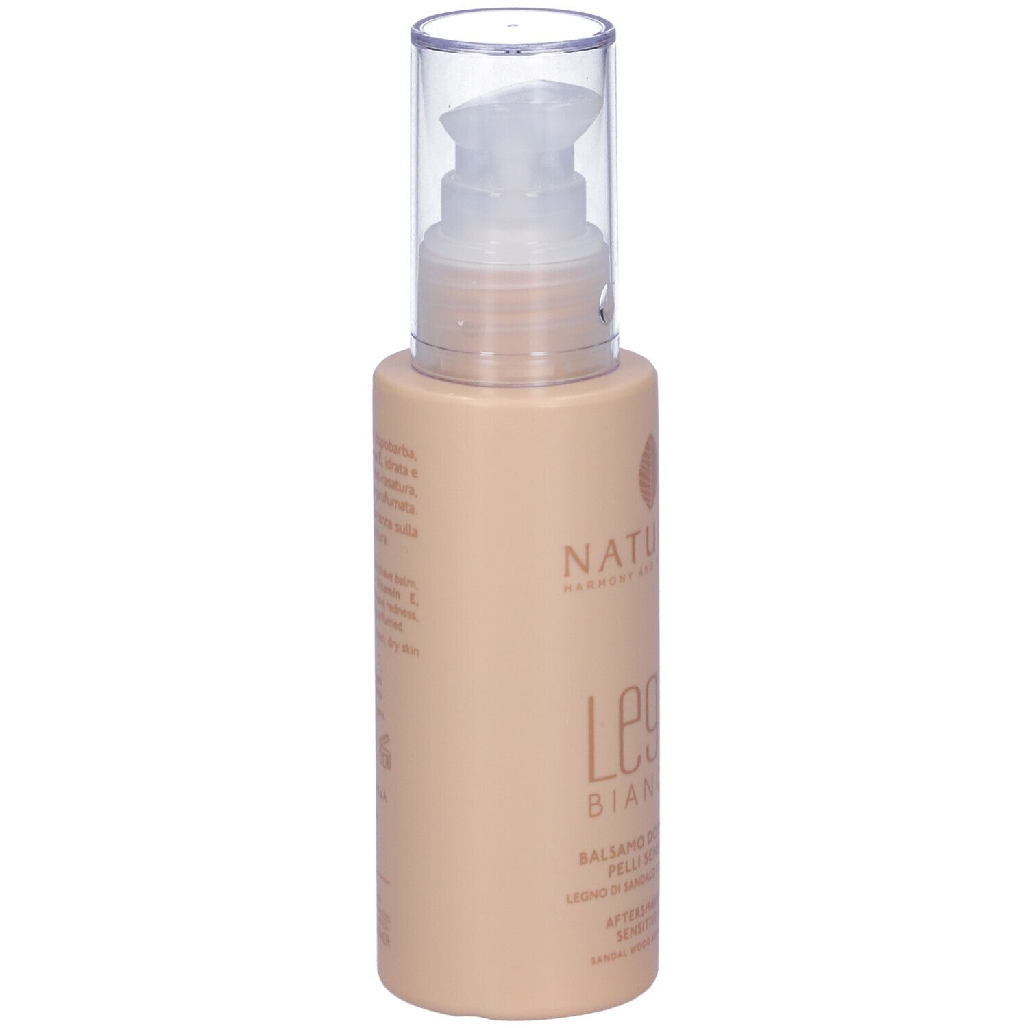 Flacone beige con pompa. Scritta: Legni Bianchi, Balsamo Dopobarba. Marchio: Nature's.