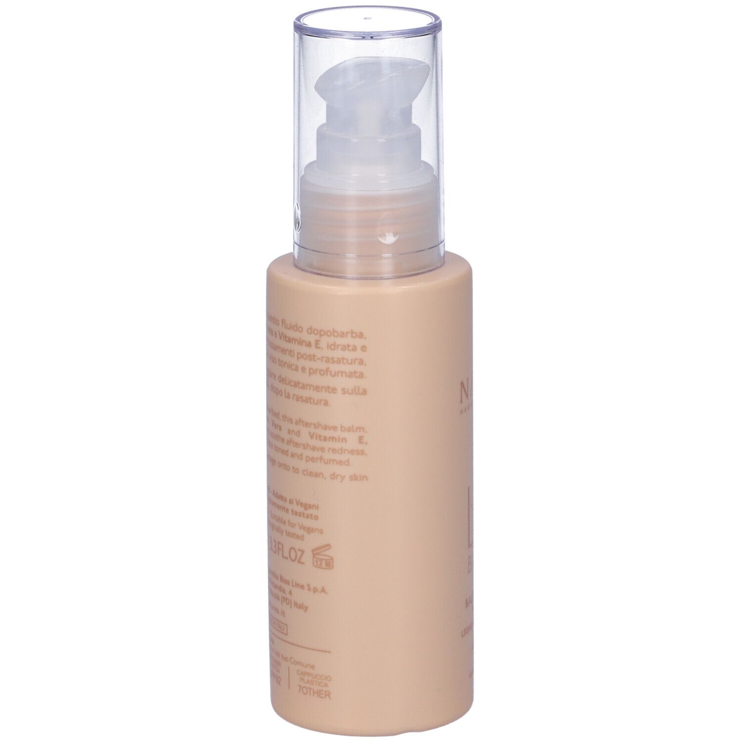 Flacone beige con pompa. Scritta: Legni Bianchi, Balsamo Dopobarba. Marchio: Nature's.