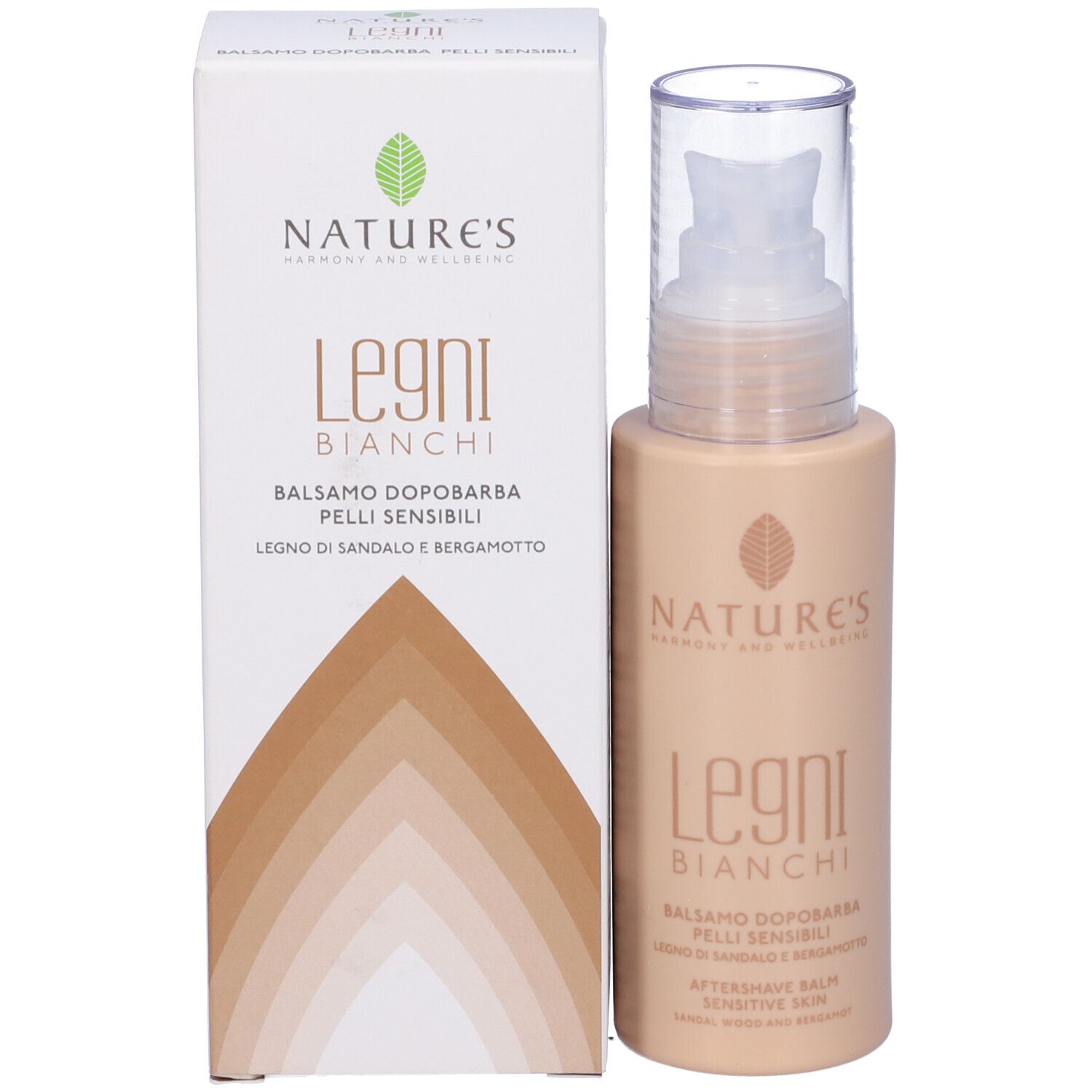 Flacone beige con pompa e scatola. Scritta: Legni Bianchi, Balsamo Dopobarba. Marchio: Nature's.