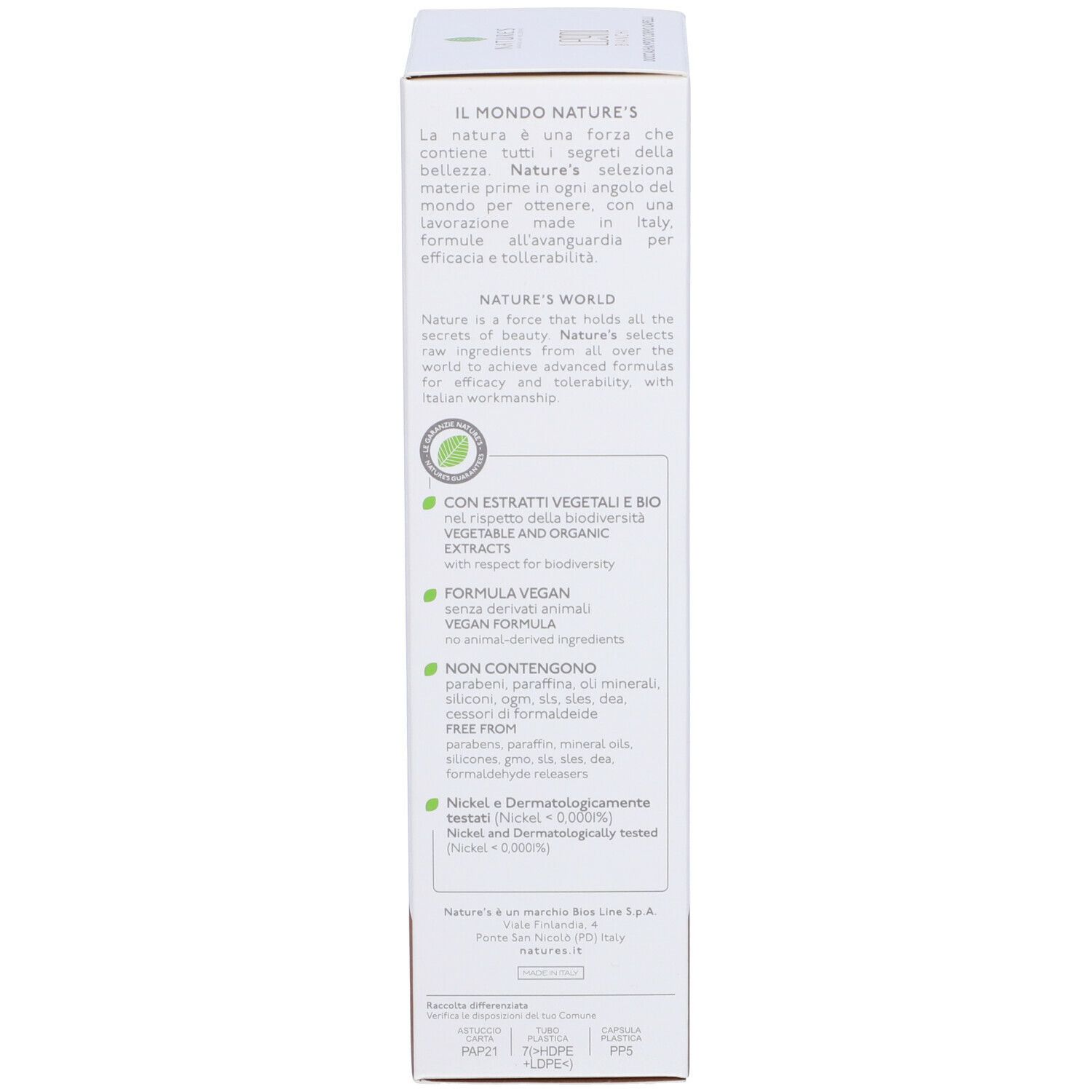 Confezione del prodotto con testo sugli ingredienti e le certificazioni. Informazioni multilingue.