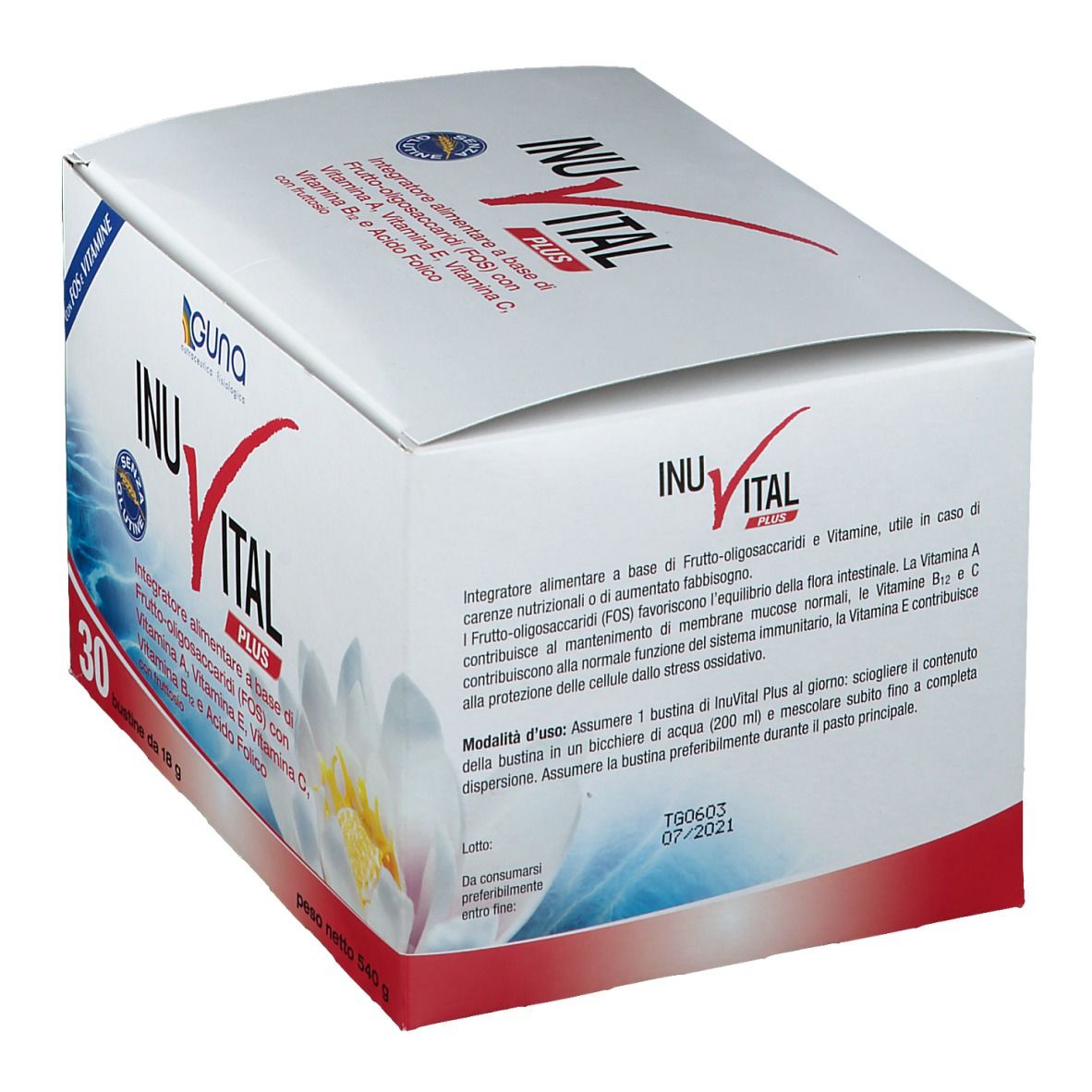 Scatola INUVITAL PLUS, Guna. Contiene 30 bustine. Testo in italiano. Sfondo bianco, dettagli rossi e blu.