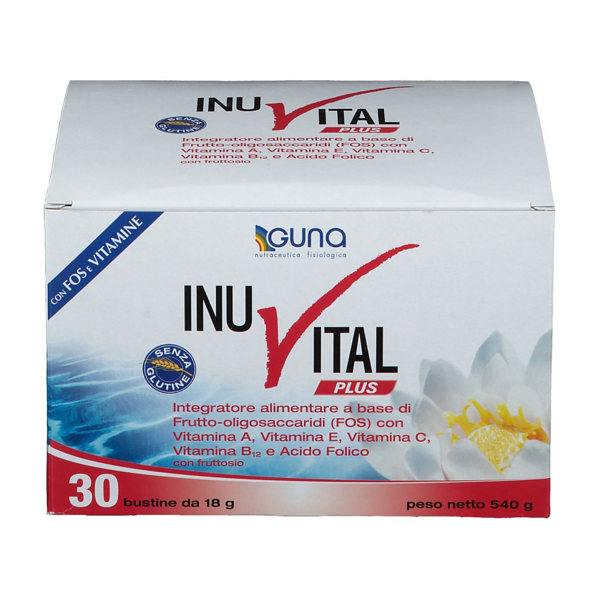 Scatola INUVITAL PLUS, Guna. Contiene 30 bustine. Scritta: FOS + vitamine. Colore bianco, dettagli rossi.