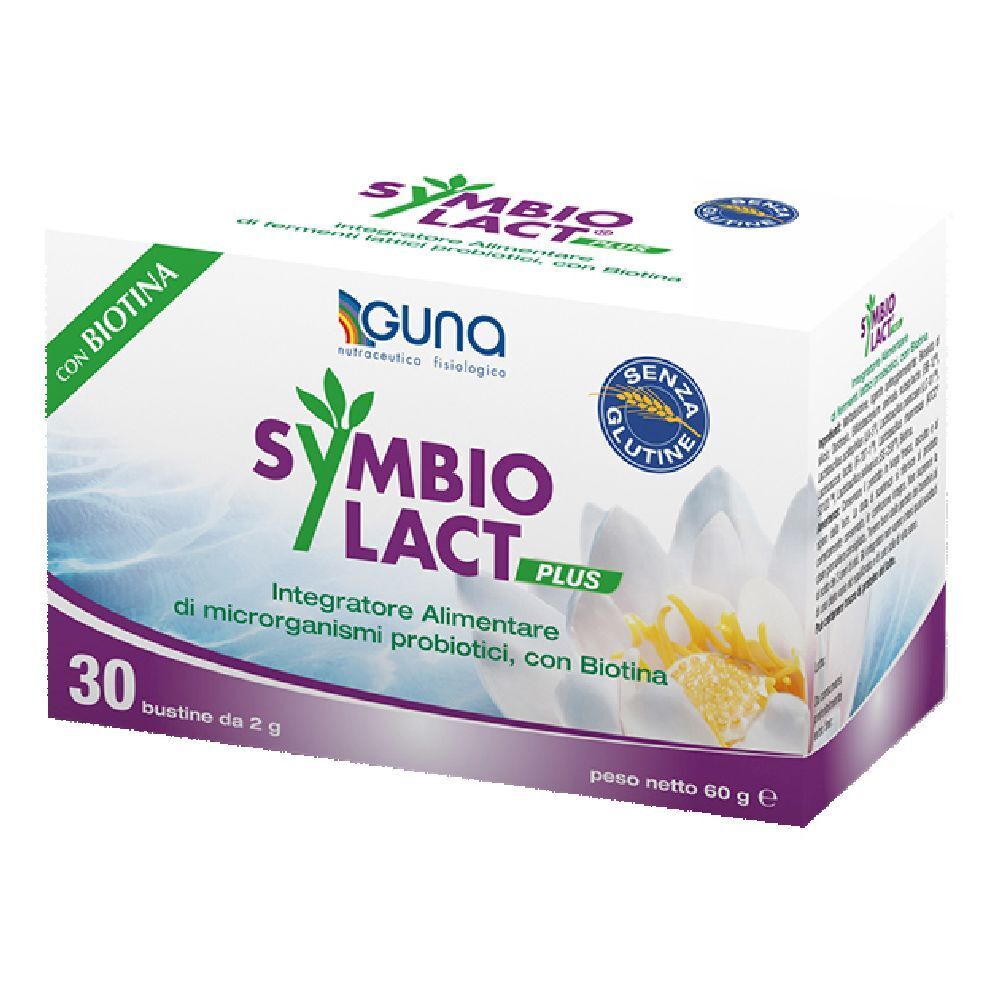Scatola di Symbiolact Plus con logo e nome. Contiene 30 bustine. Integratore alimentare con probiotici e biotina.