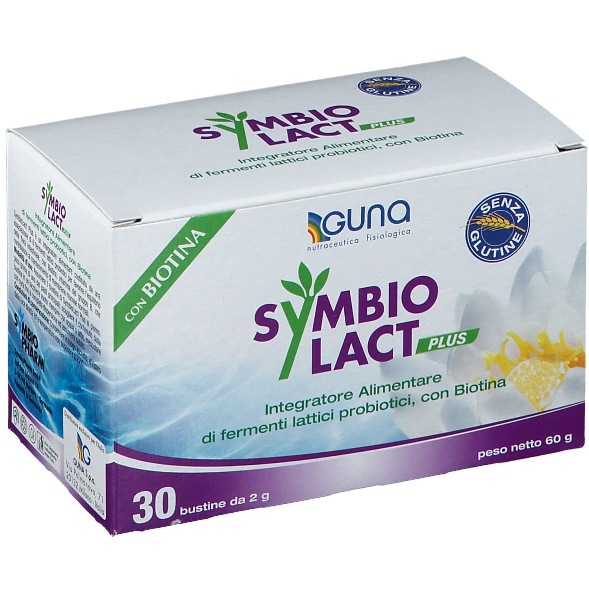 Scatola di Symbiolact Plus con logo e nome. Contiene 30 bustine. Integratore alimentare con probiotici e biotina.