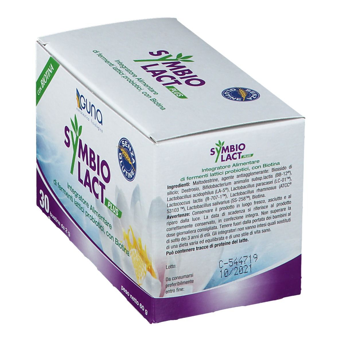 Scatola di Symbiolact Plus con logo e nome. Contiene 30 bustine. Integratore alimentare con probiotici e biotina.