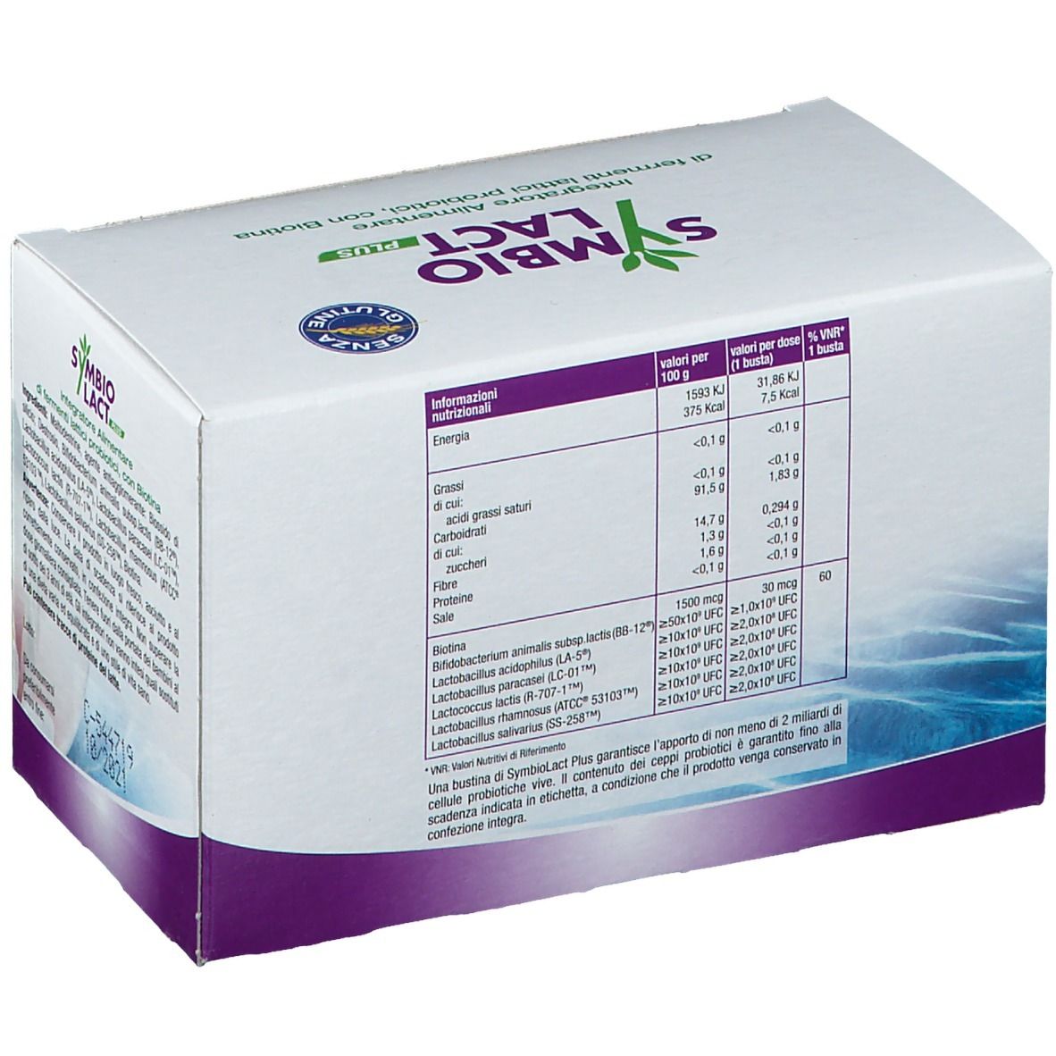 Scatola di Symbiolact Plus con logo e nome. Contiene 30 bustine. Integratore alimentare con probiotici e biotina.