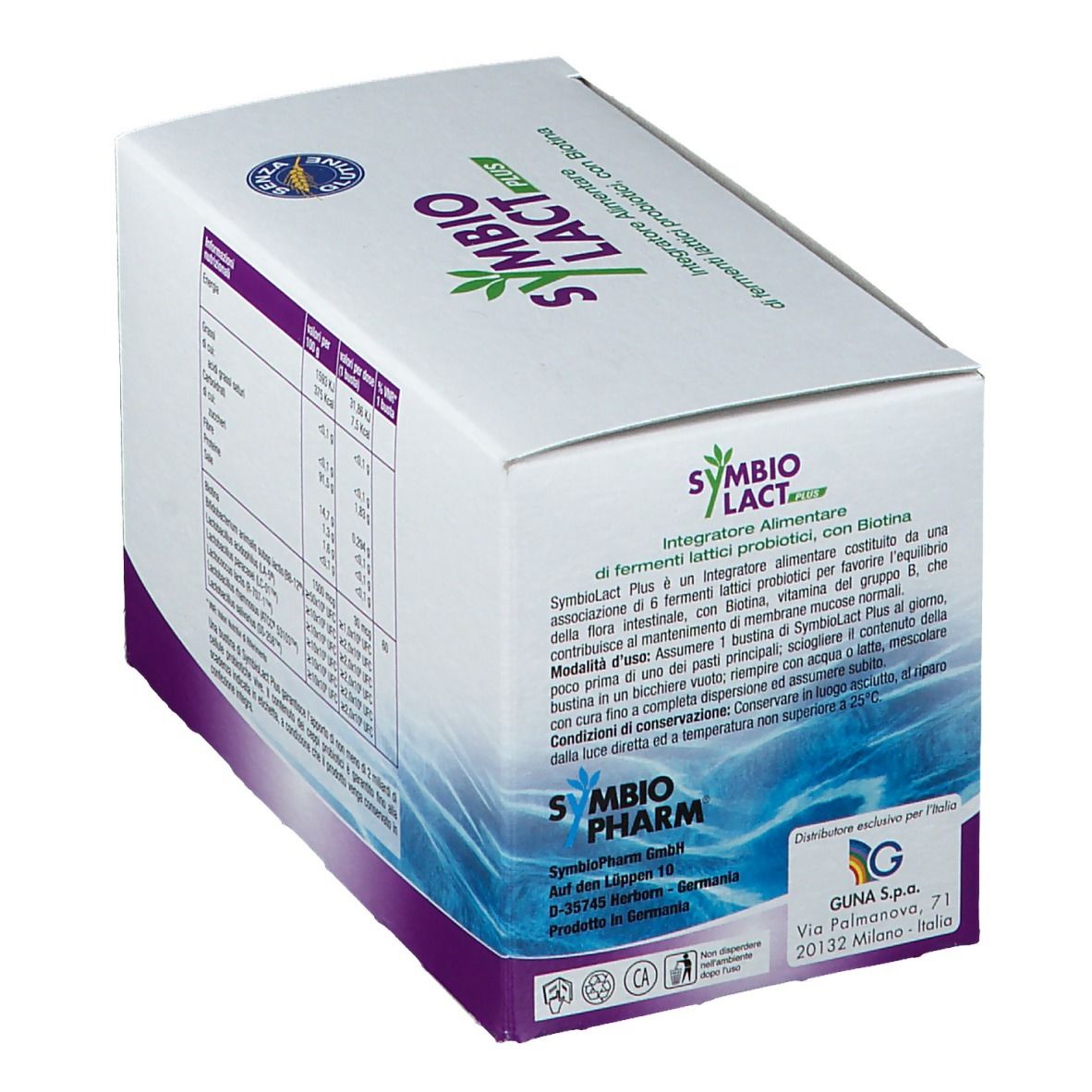 Scatola di Symbiolact Plus con logo e nome. Contiene 30 bustine. Integratore alimentare con probiotici e biotina.