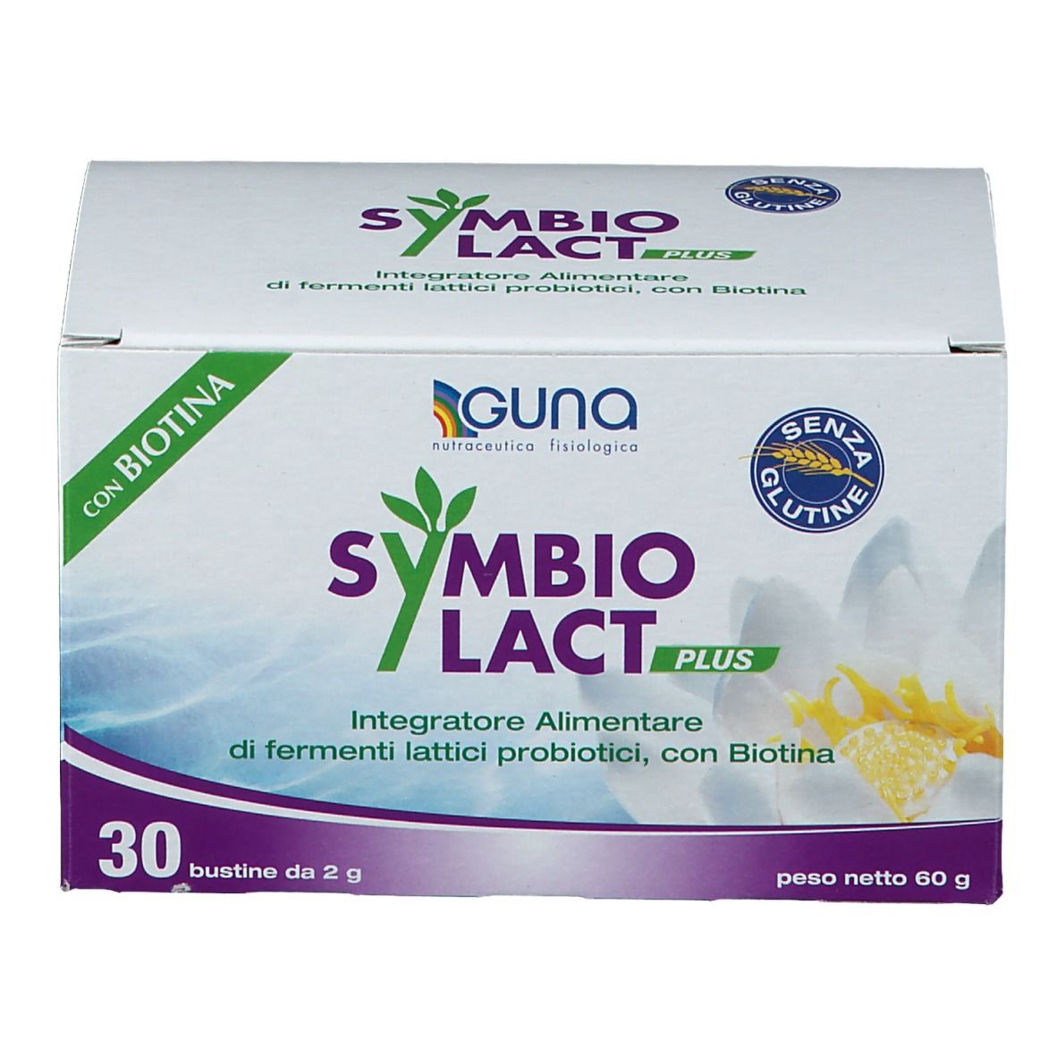 Scatola di Symbiolact Plus con logo e nome. Contiene 30 bustine. Integratore alimentare con probiotici e biotina.