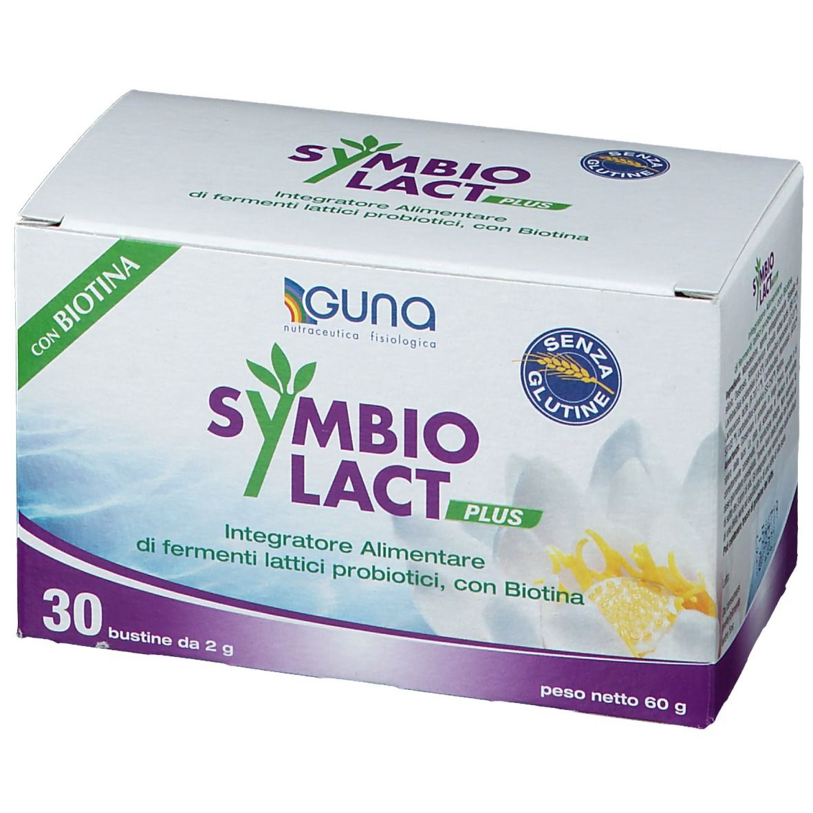 Scatola di Symbiolact Plus con logo e nome. Contiene 30 bustine. Integratore alimentare con probiotici e biotina.