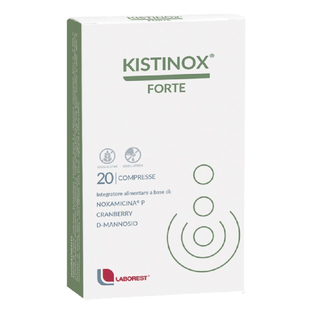 Confezione di Kistinox Forte compresse. Scatola bianca con dettagli verdi. Nome del prodotto e ingredienti ben visibili.