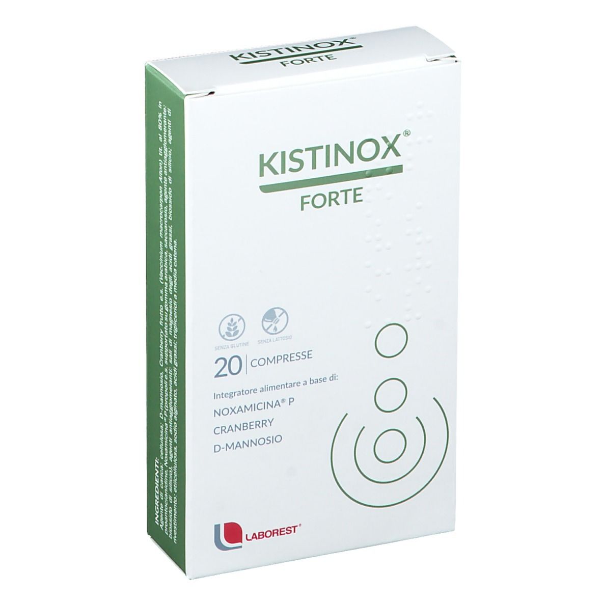 Confezione di Kistinox Forte compresse. Scatola bianca con dettagli verdi. Nome e ingredienti stampati.