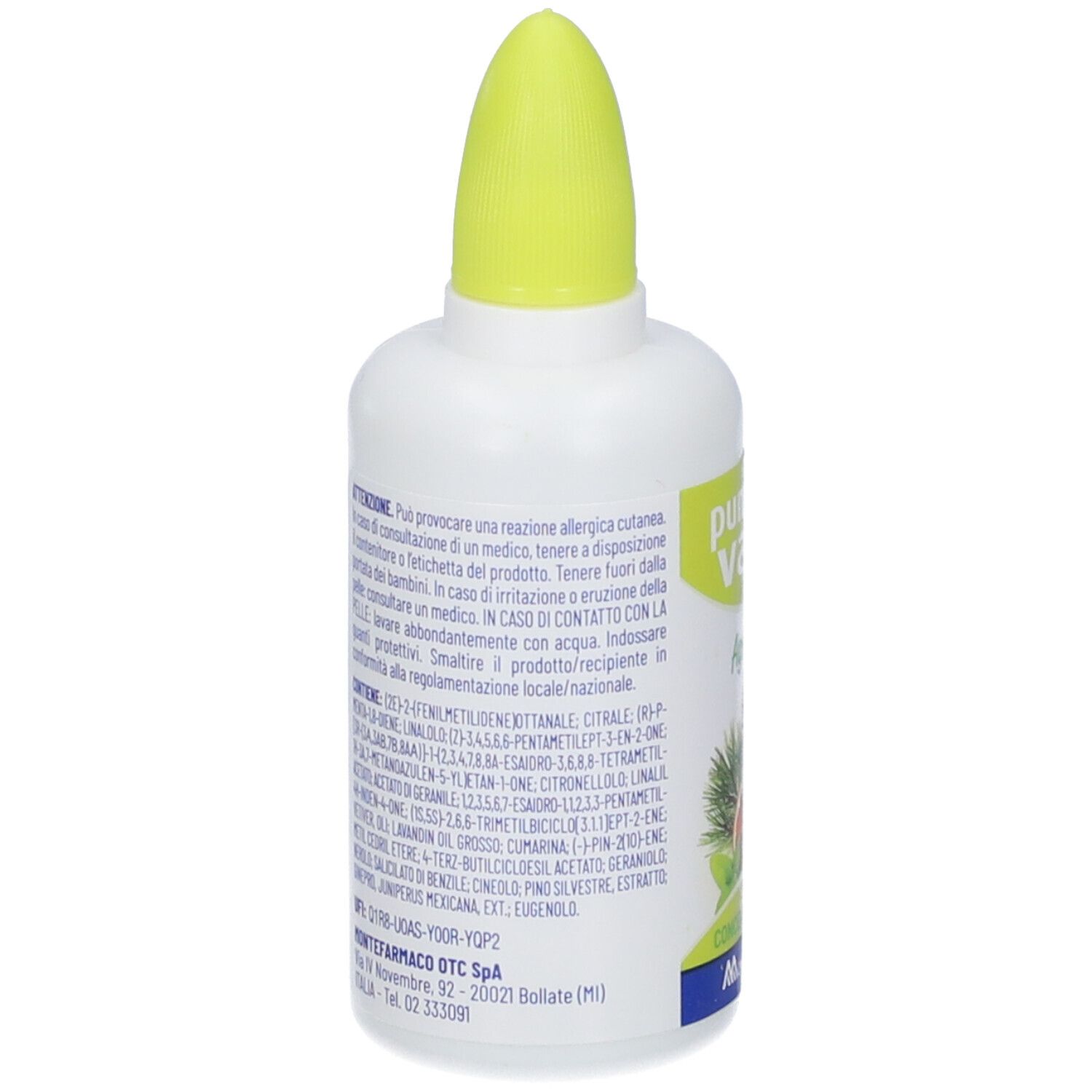 Weiße Flasche mit gelbem Sprühkopf und Etikett mit Inhaltsstoffen.