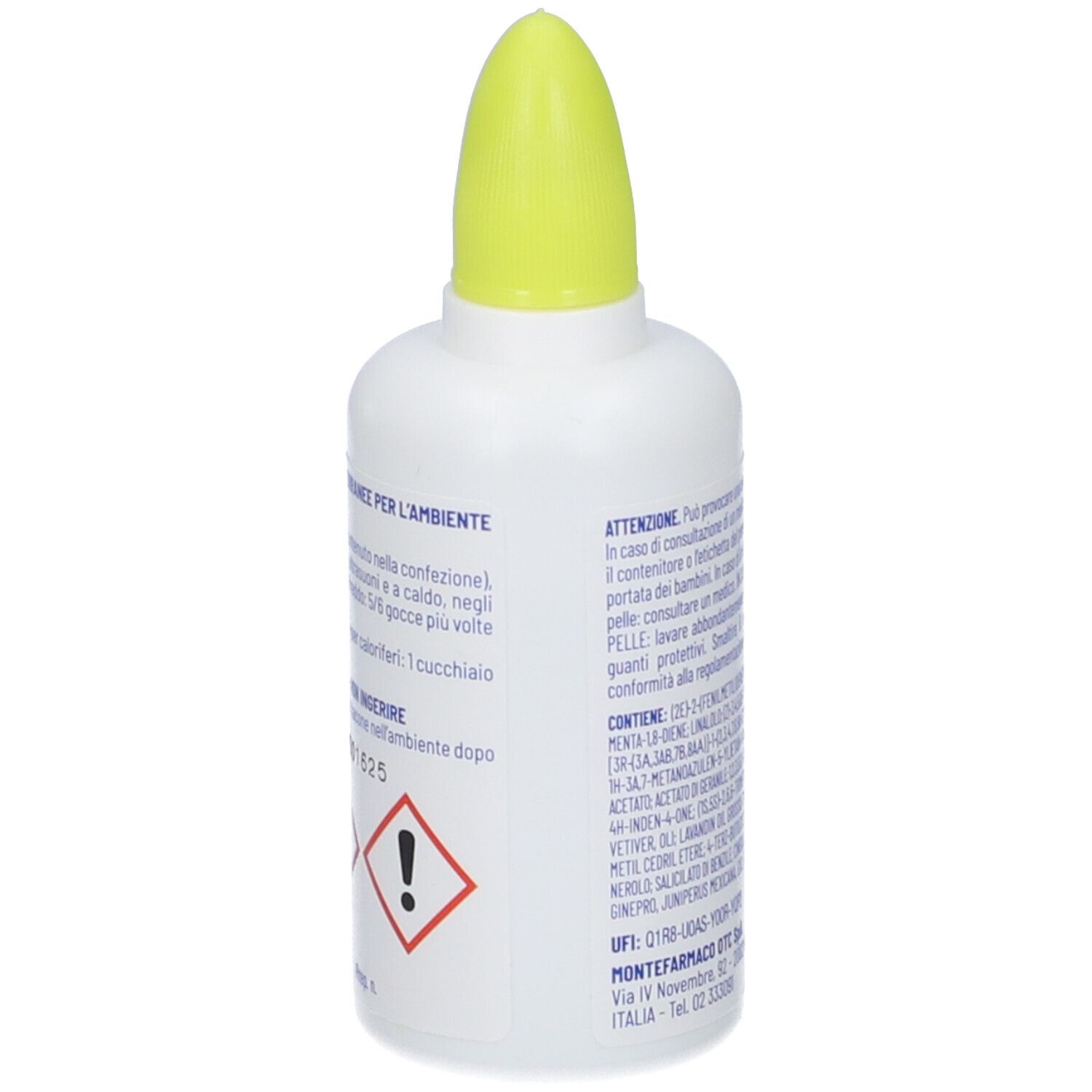 Weiße Flasche mit gelbem Tropfverschluss und Warnhinweisen.
