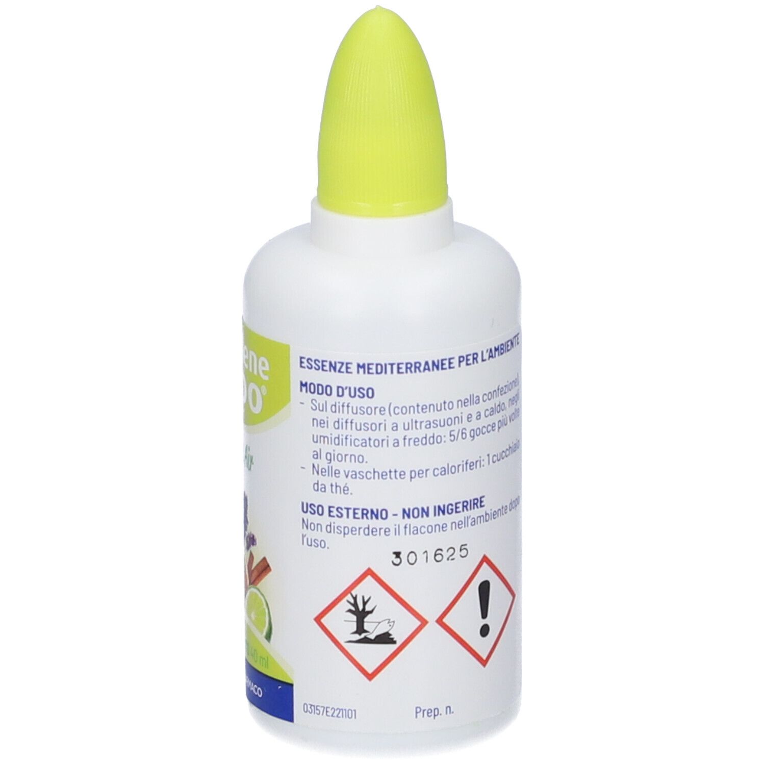 Weiße Flasche mit gelbem Verschluss, Etikett mit italienischen Anweisungen und Gefahrensymbolen.