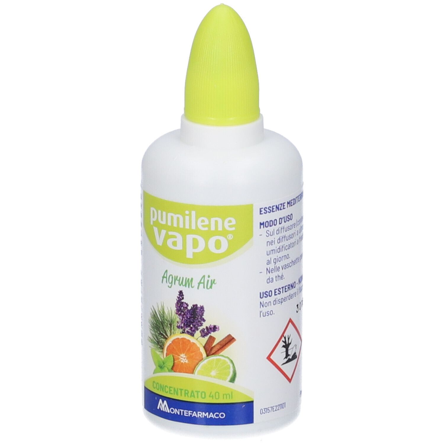 Weiße Flasche mit gelbem Verschluss, Pumiilene Vapo Agrum Air Konzentrat, 40 ml.