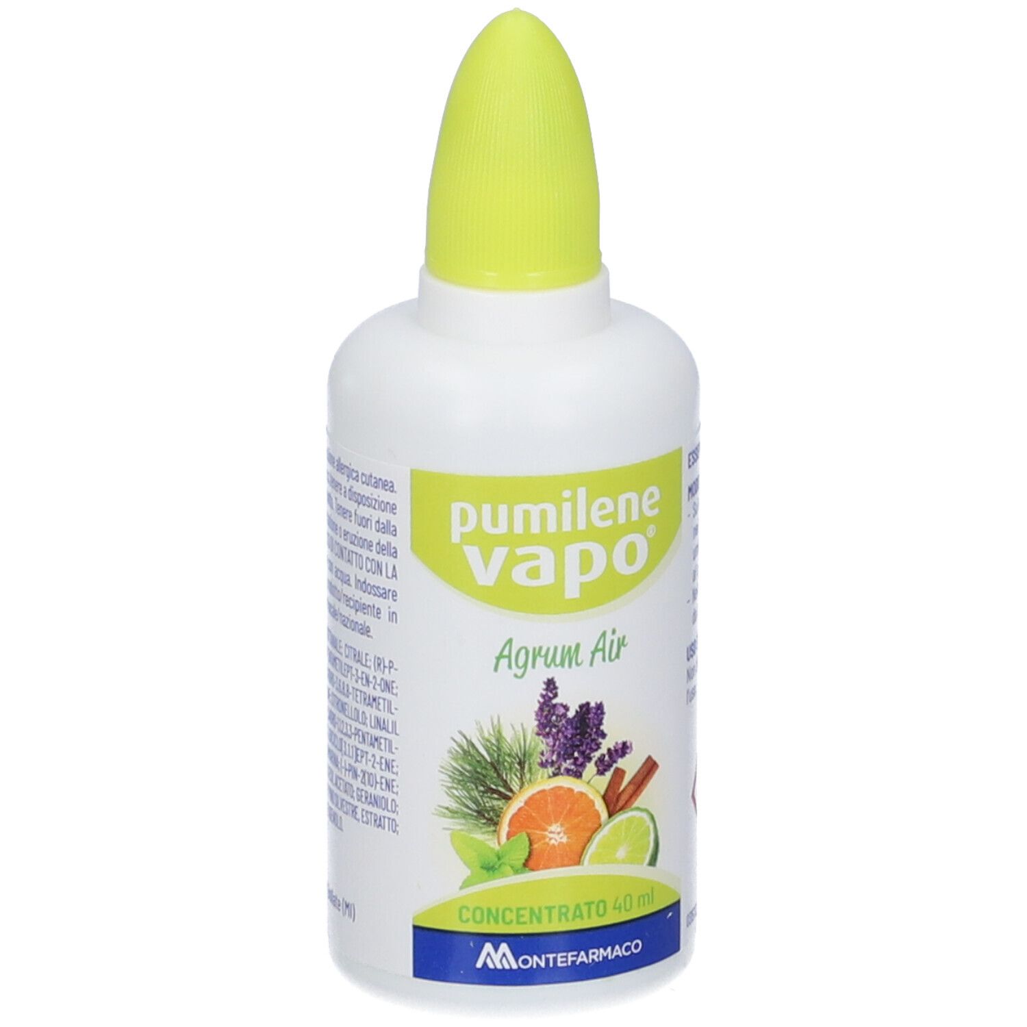 Weiße Flasche mit gelbem Verschluss, Pumilene Vapo Agrum Air, 40ml Konzentrat.