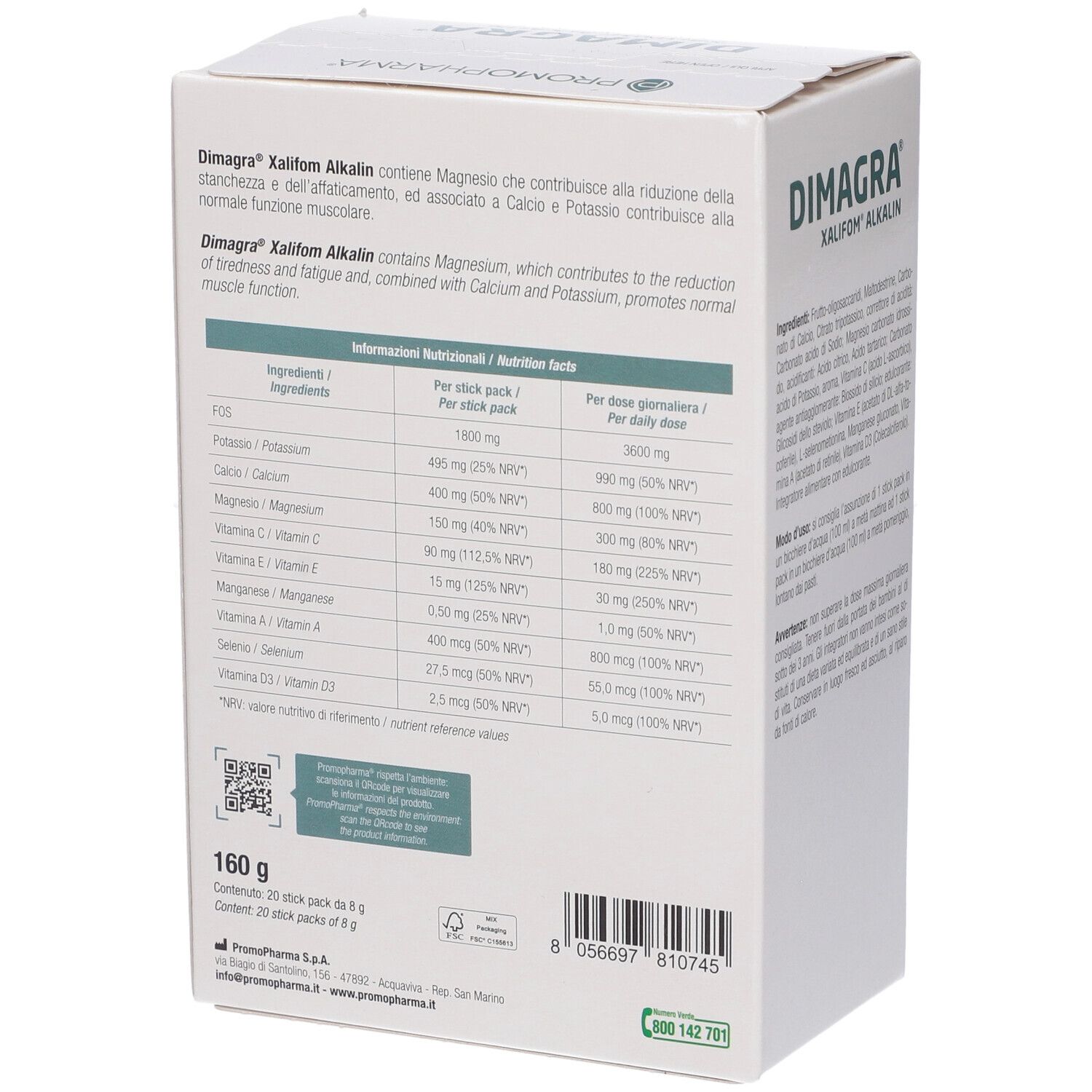 Seite der Dimagra Xalifom Alkalin Schachtel mit detaillierten Produktinformationen.