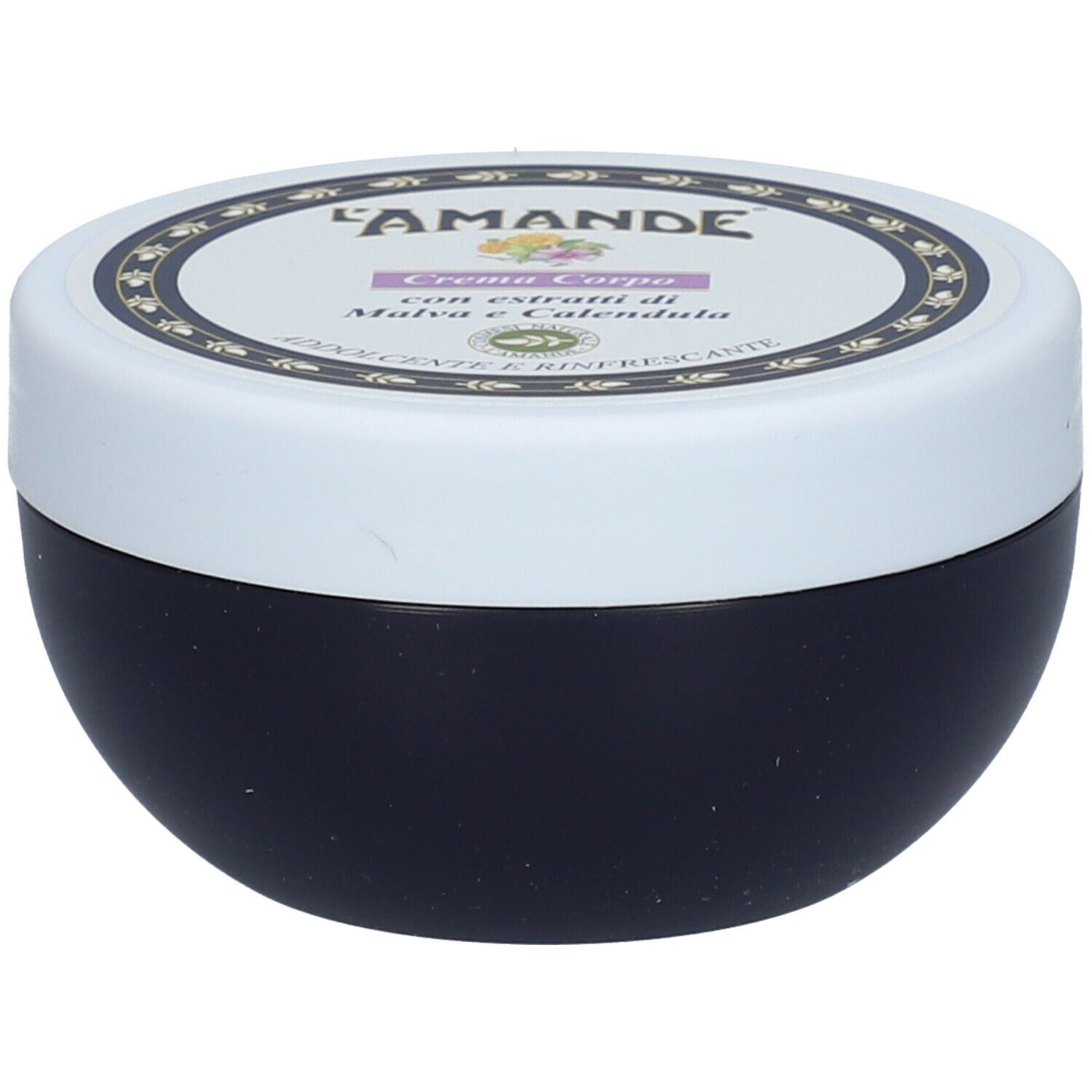 Vaso rotondo blu scuro con coperchio bianco. Sul coperchio è scritto "L'Amande" e "Crema Corpo".
