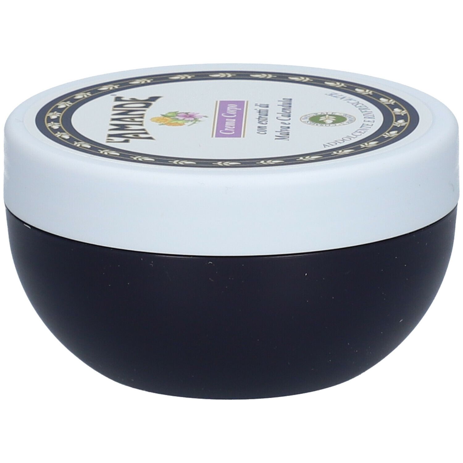 Vaso rotondo blu scuro con coperchio bianco. Sul coperchio è scritto "L'Amande" e "Crema Corpo".