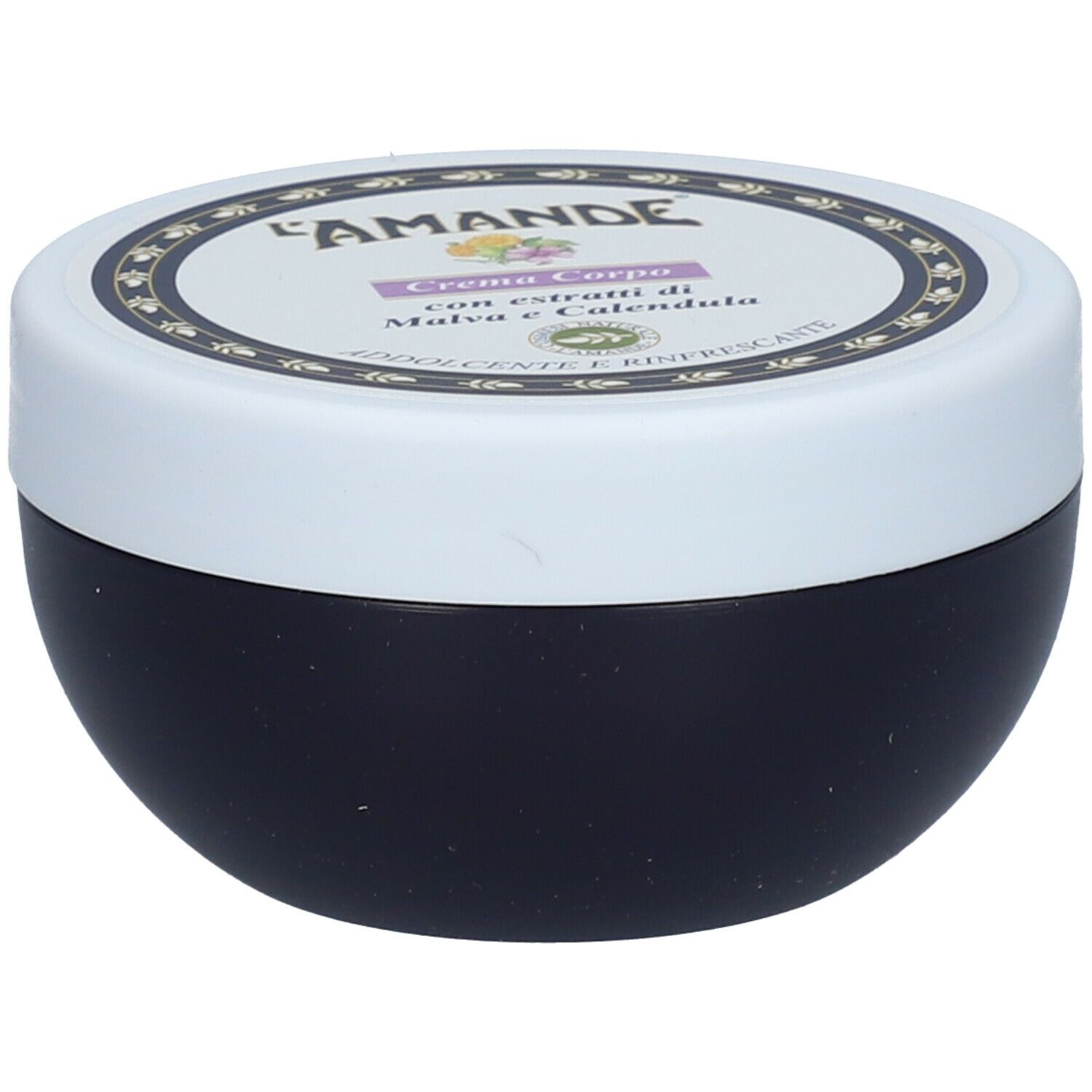 Vaso rotondo blu scuro con coperchio bianco. Sul coperchio è scritto "L'Amande" e "Crema Corpo".