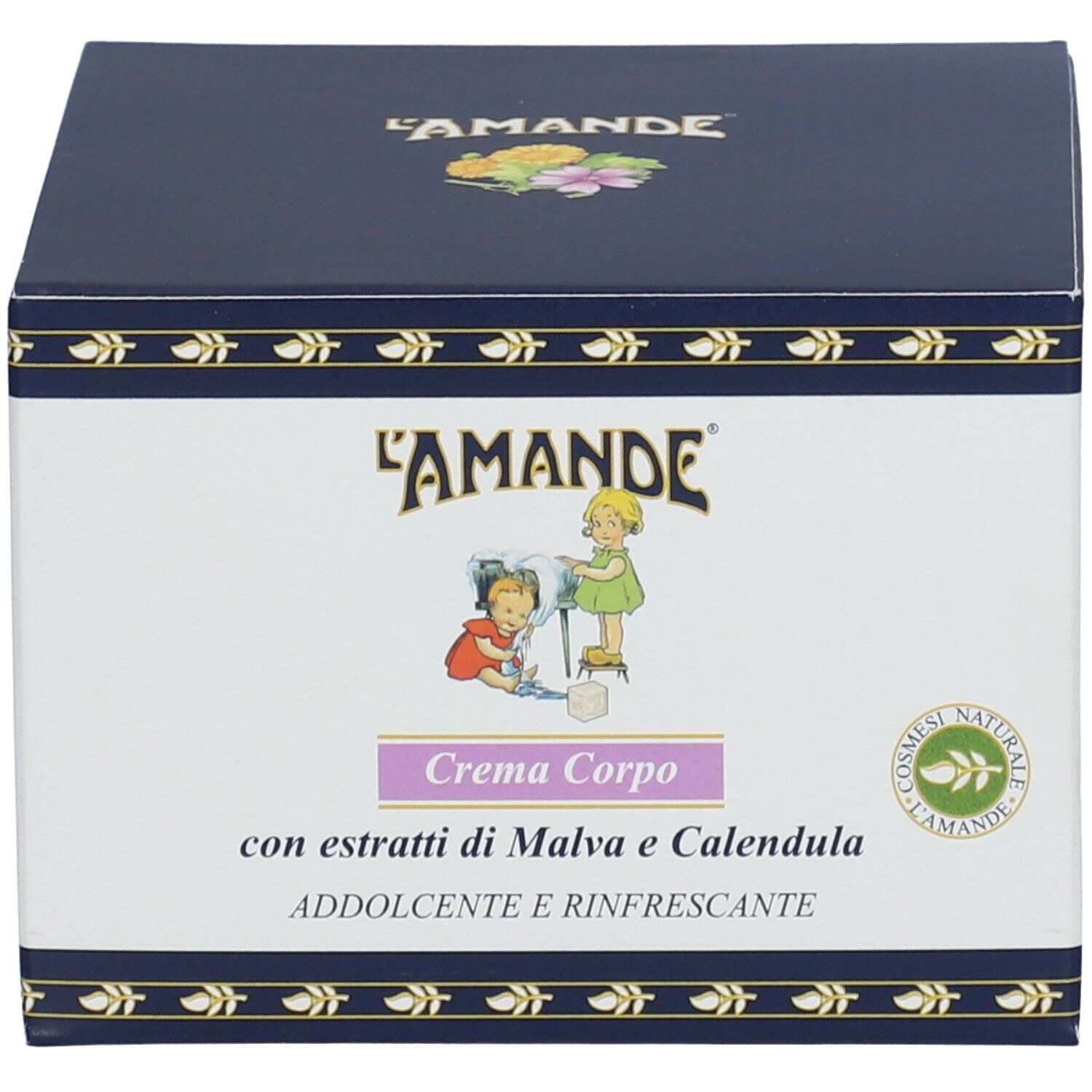 Scatola blu scuro con scritta "L'Amande" e "Crema Corpo".