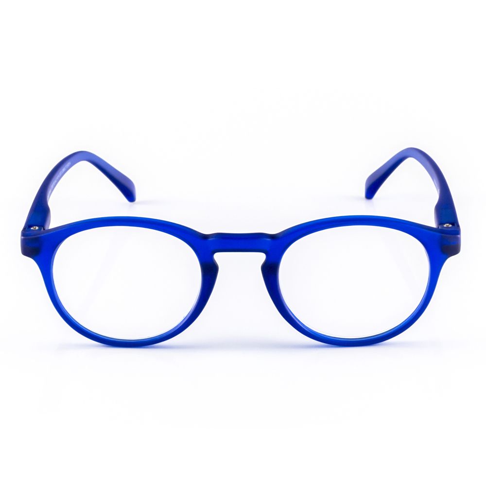 Blaue Brille mit runden Gläsern. Die Brille hat einen blauen Rahmen.