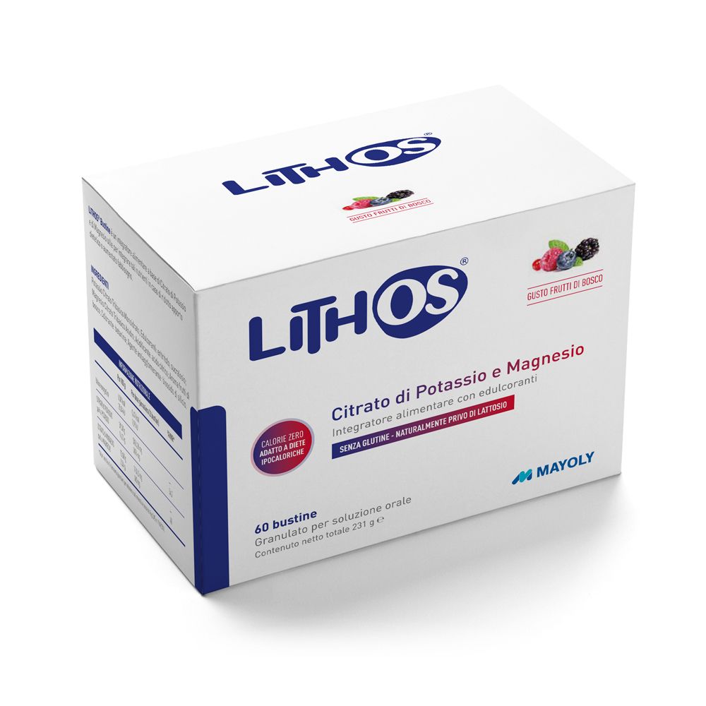 Scatola bianca "Lithos". Contiene 60 bustine. "Citrato di Potassio e Magnesio". Logo Mayoly Italia e frutti.