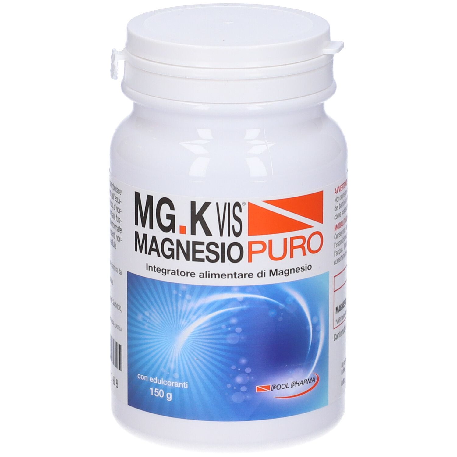 Integratore di magnesio in bottiglia bianca. Scritta: MG.K VIS MAGNESIO PURO. 150 g. Con edulcoranti.