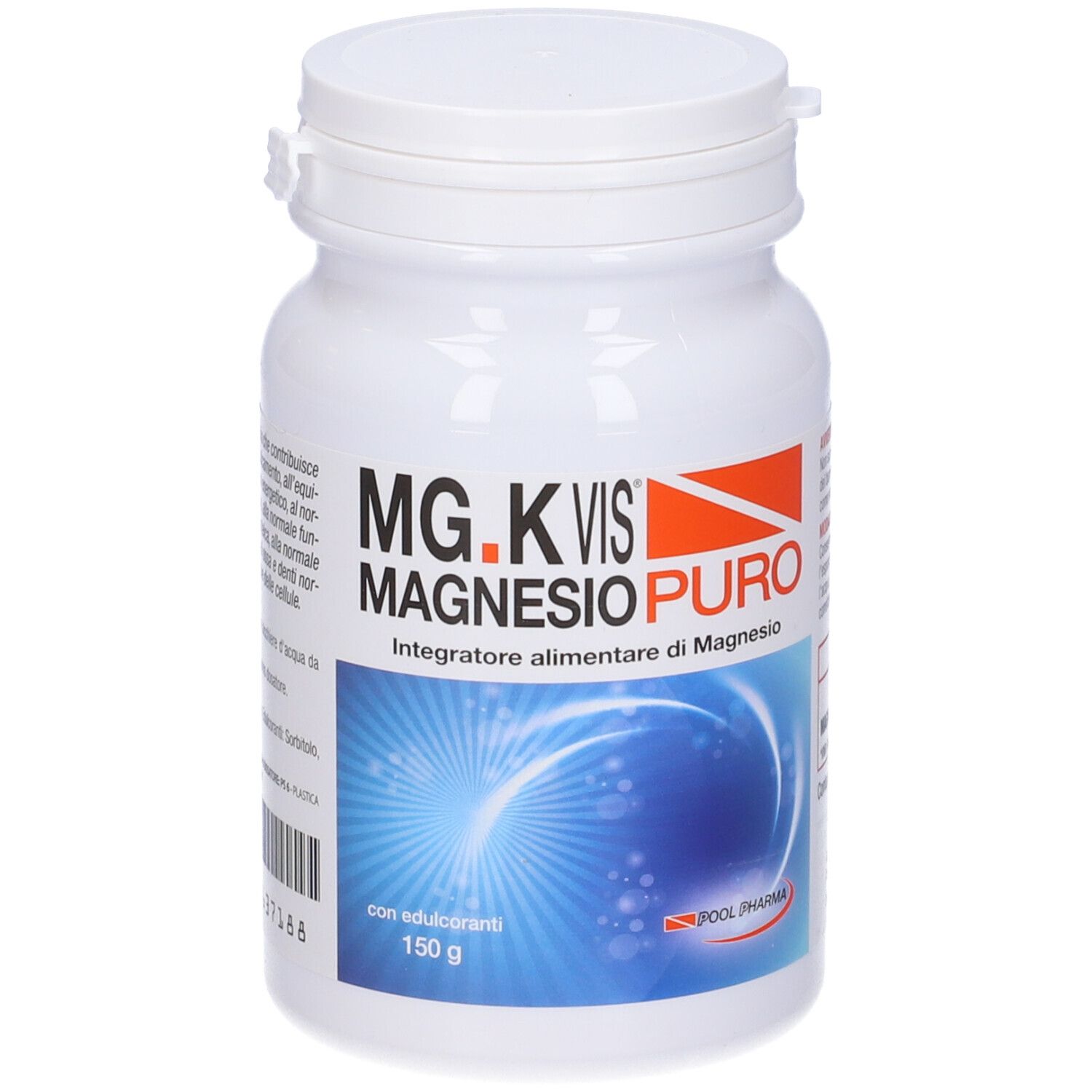 Integratore di magnesio in bottiglia bianca. Scritta: MG.K VIS MAGNESIO PURO. 150 g. Con edulcoranti.
