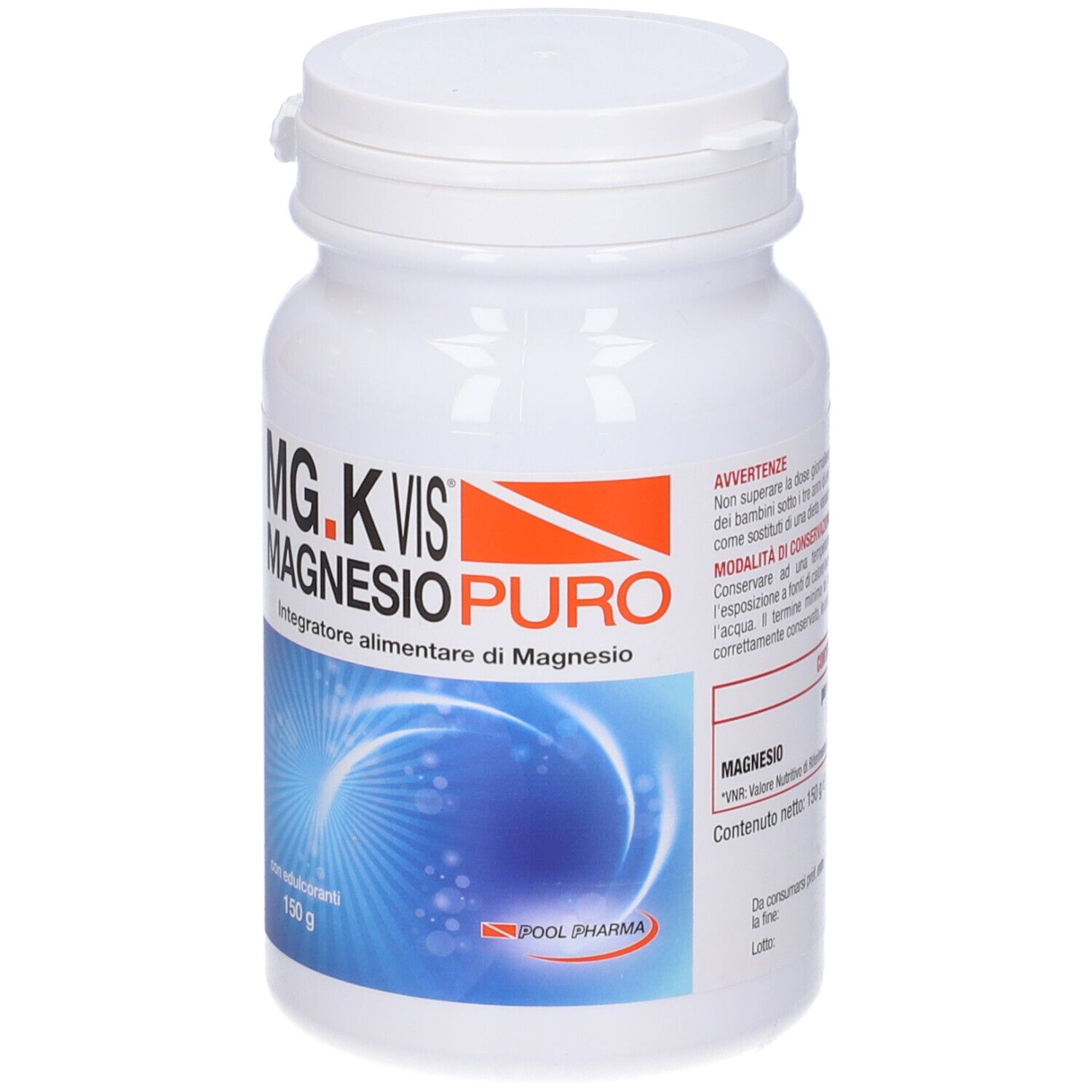 Integratore di magnesio in bottiglia bianca. Scritta: MG.K VIS MAGNESIO PURO. 150 g. Con avvertenze.