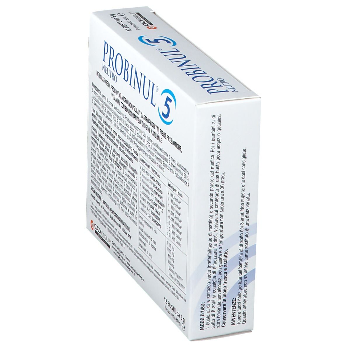 Scatola Probinul 5 Neutro. Confezione bianca con testo e tabella nutrizionale. Testo: '12 buste da 5 g'.
