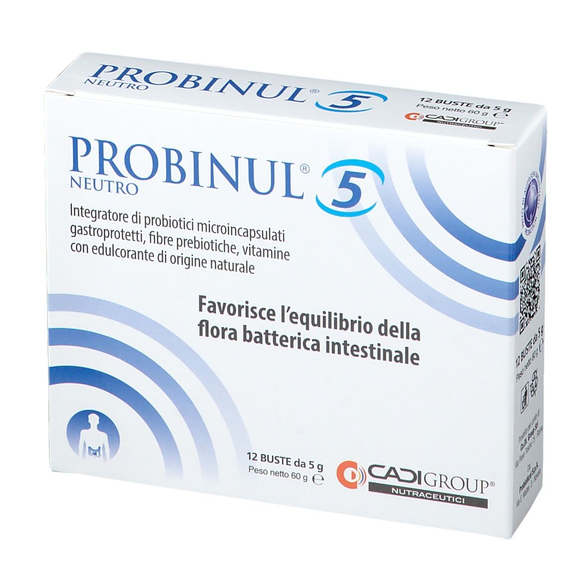 Scatola Probinul 5 Neutro. Confezione bianca con dettagli blu. Testo: 'Favorisce l'equilibrio della flora batterica intestinale'.