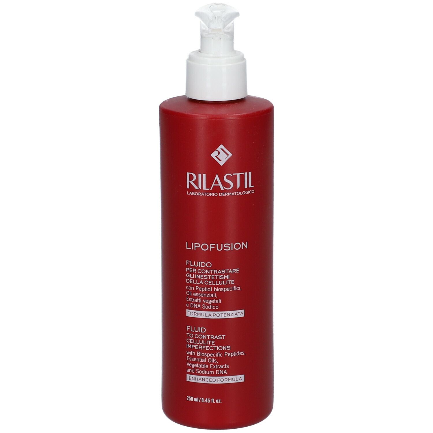 Flacone rosso con dosatore bianco. Scritte: RILASTIL, LIPO fusion. Testo in italiano e inglese. 250 ml.