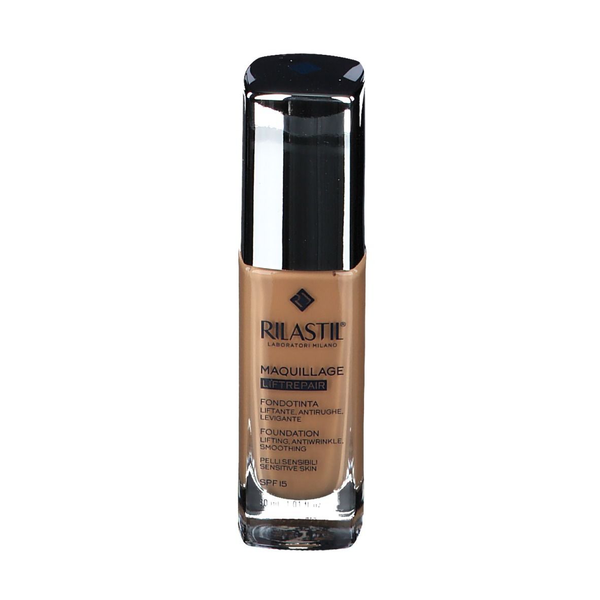 Flacone di fondotinta con tappo argentato. Liquido marrone. Scritte: RILASTIL, Maquillage Liftrepair, Foundation.