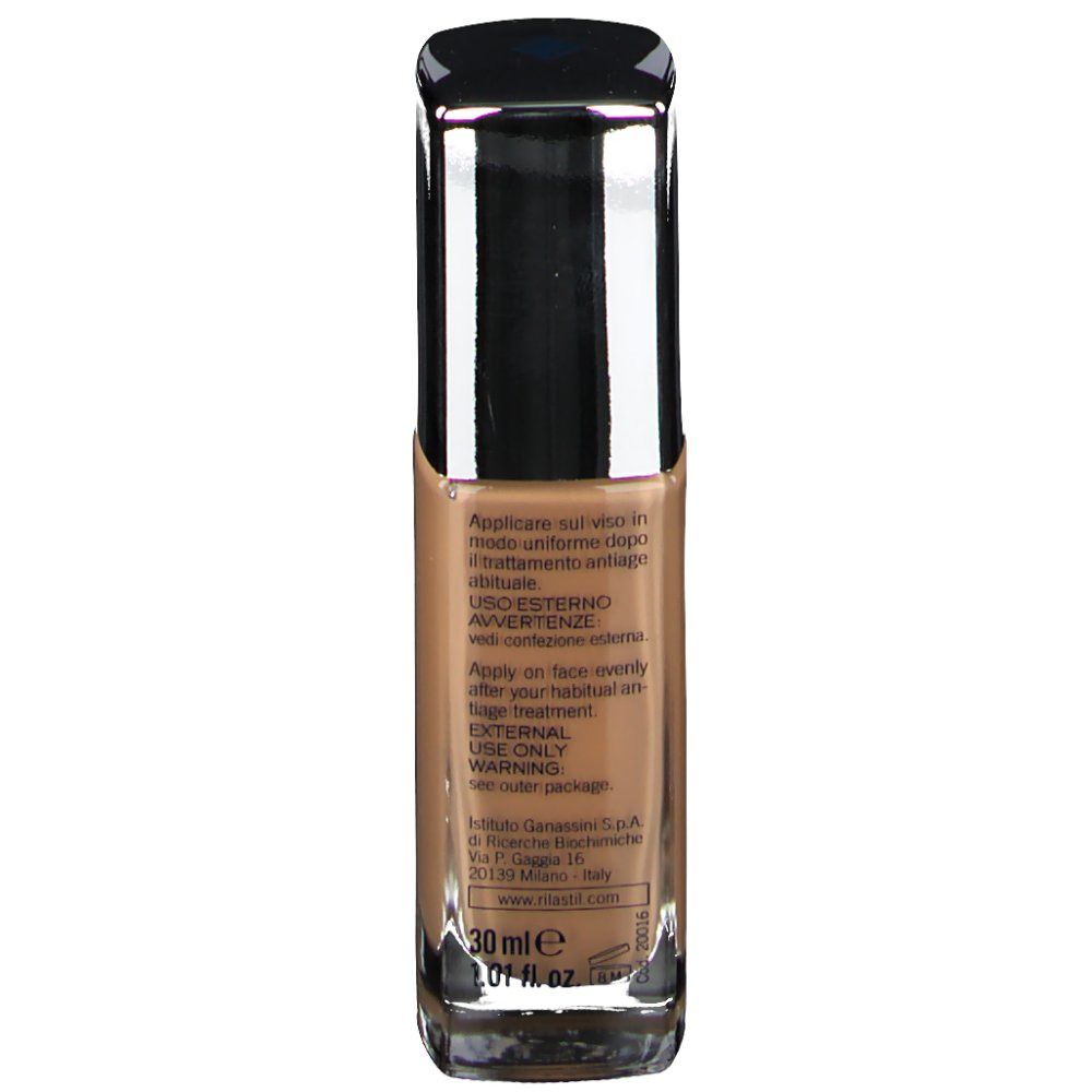 Retro del flacone di fondotinta RILASTIL® Maquillage Liftrepair 40. Testo multilingue, 30 ml.