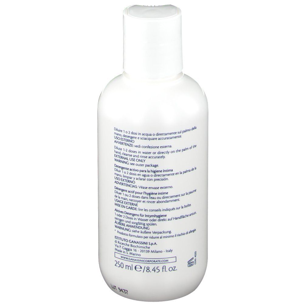 Weißes Fläschchen mit Klappverschluss. Rückseite mit Text in italienischer Sprache. 250 ml.