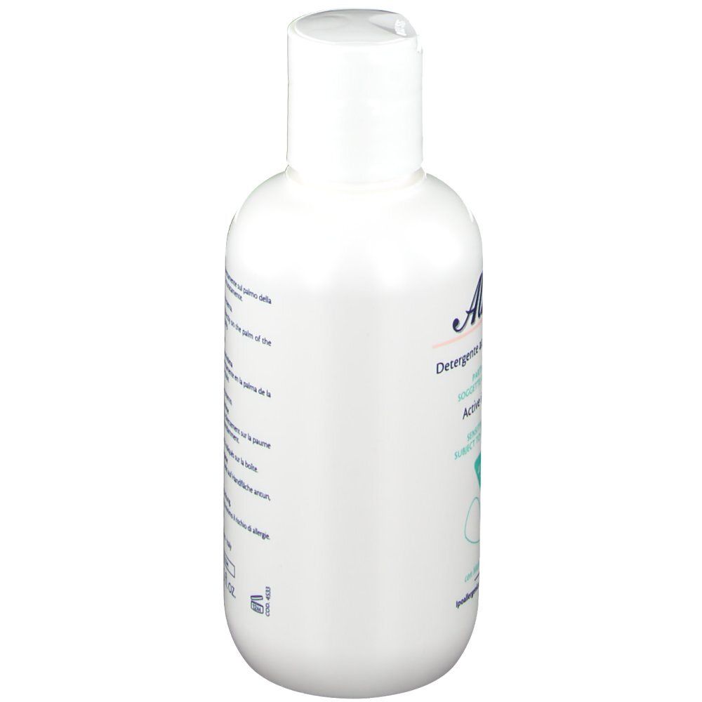 Weißes Fläschchen mit Klappverschluss. Aufschrift Alkagin. Text in italienischer Sprache. 250 ml.