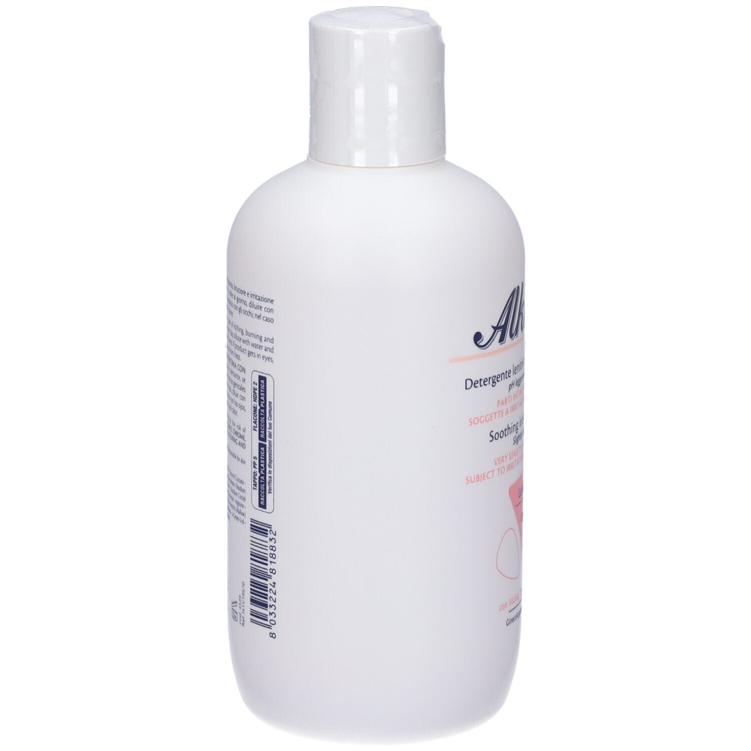 Weiße Flasche mit Klappverschluss. Auf der Seite Text und Barcode. Produktname nicht sichtbar.