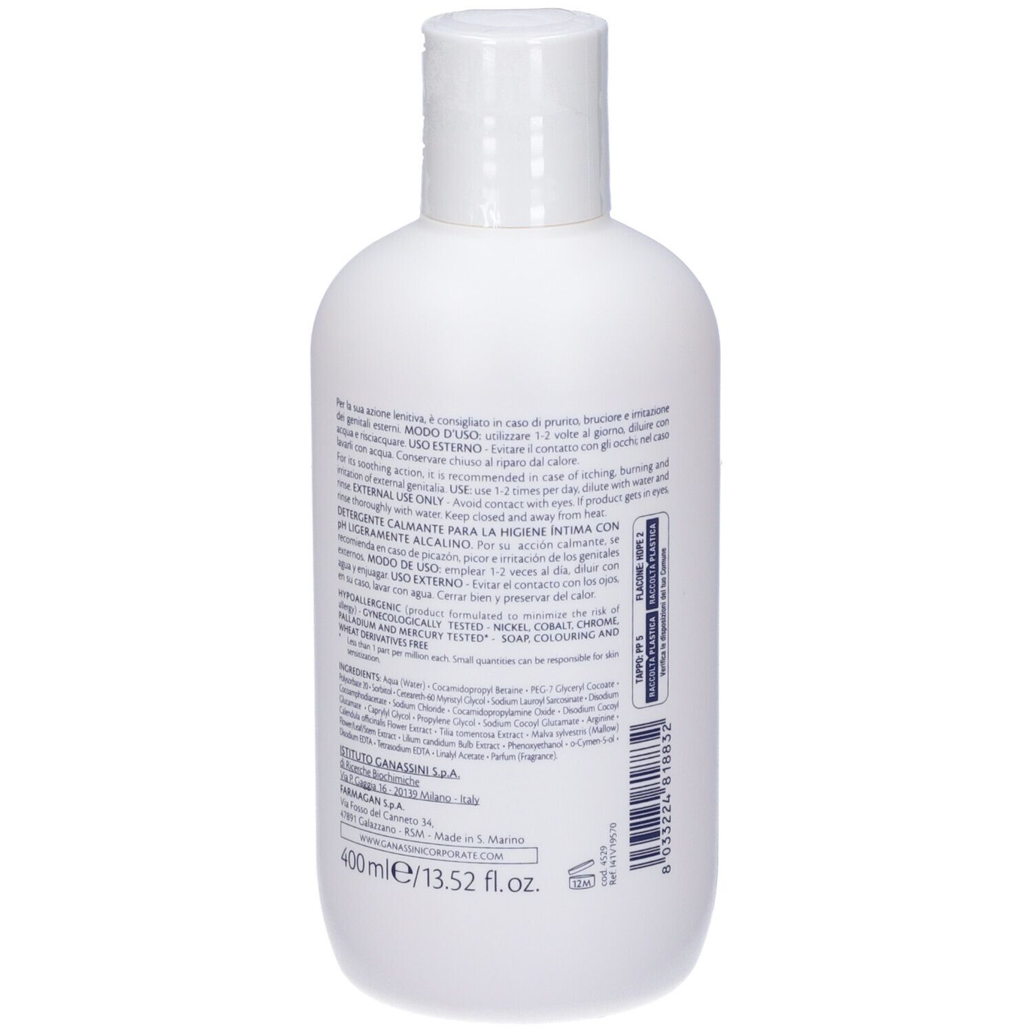 Weiße Flasche mit Klappverschluss. Rückseite mit Text in italienischer Sprache. Volumen: 400 ml.