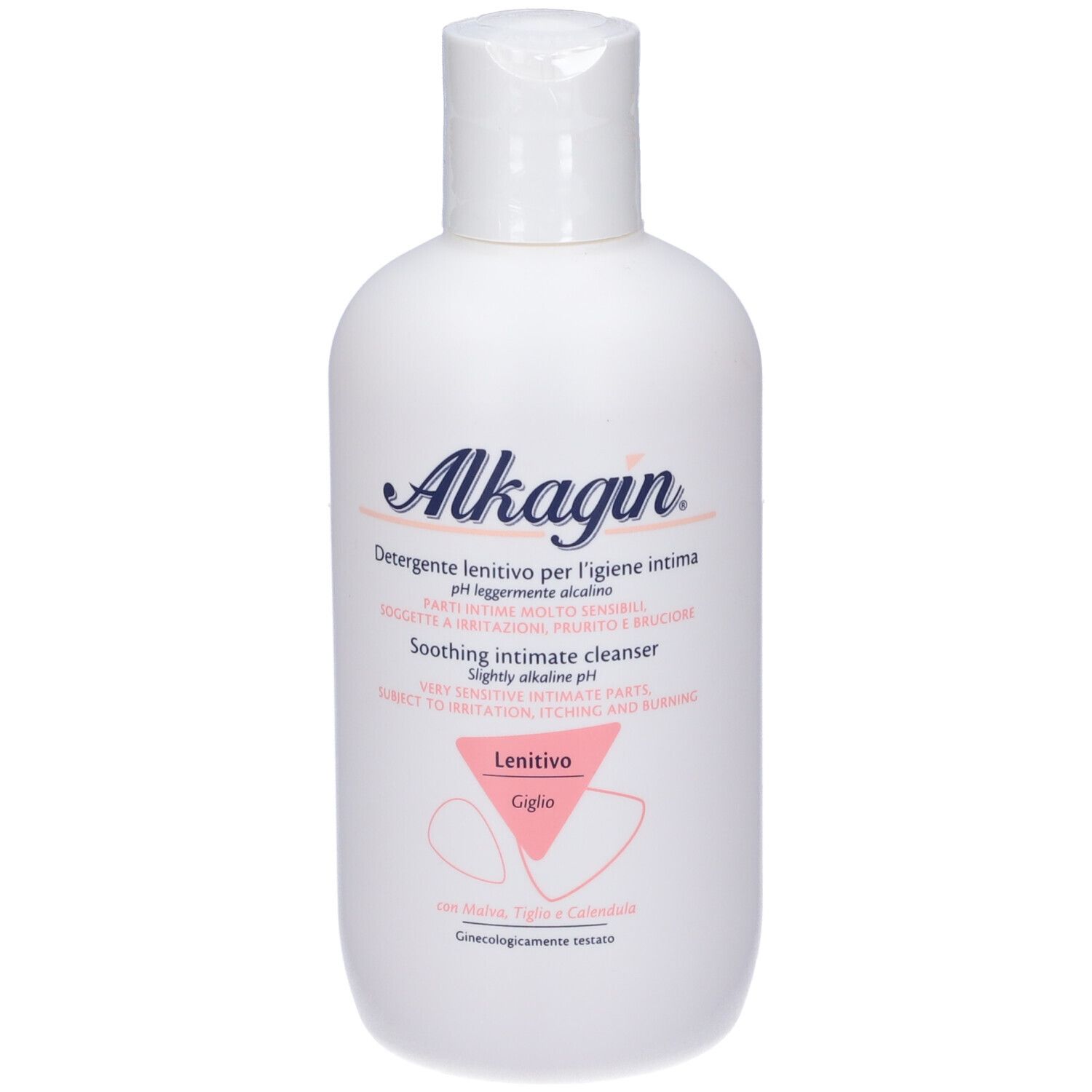 Weiße Flasche mit Klappverschluss. Aufschrift Alkagin, darunter Text in italienischer Sprache und englischer Übersetzung. Rosa Logo.