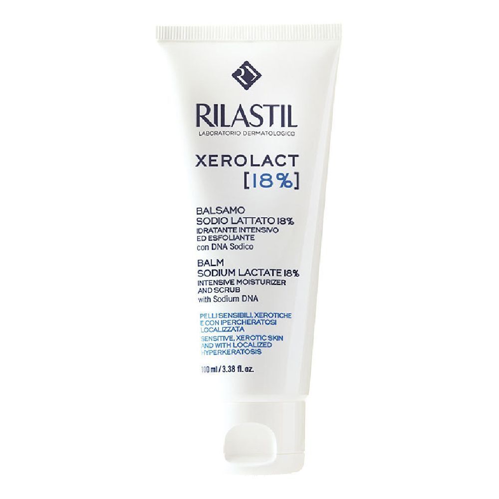 Weiße Tube mit Produkttext. RILASTIL, XEROLACT [18%], Balsamo, Sodium Lactate 18%, 100ml.