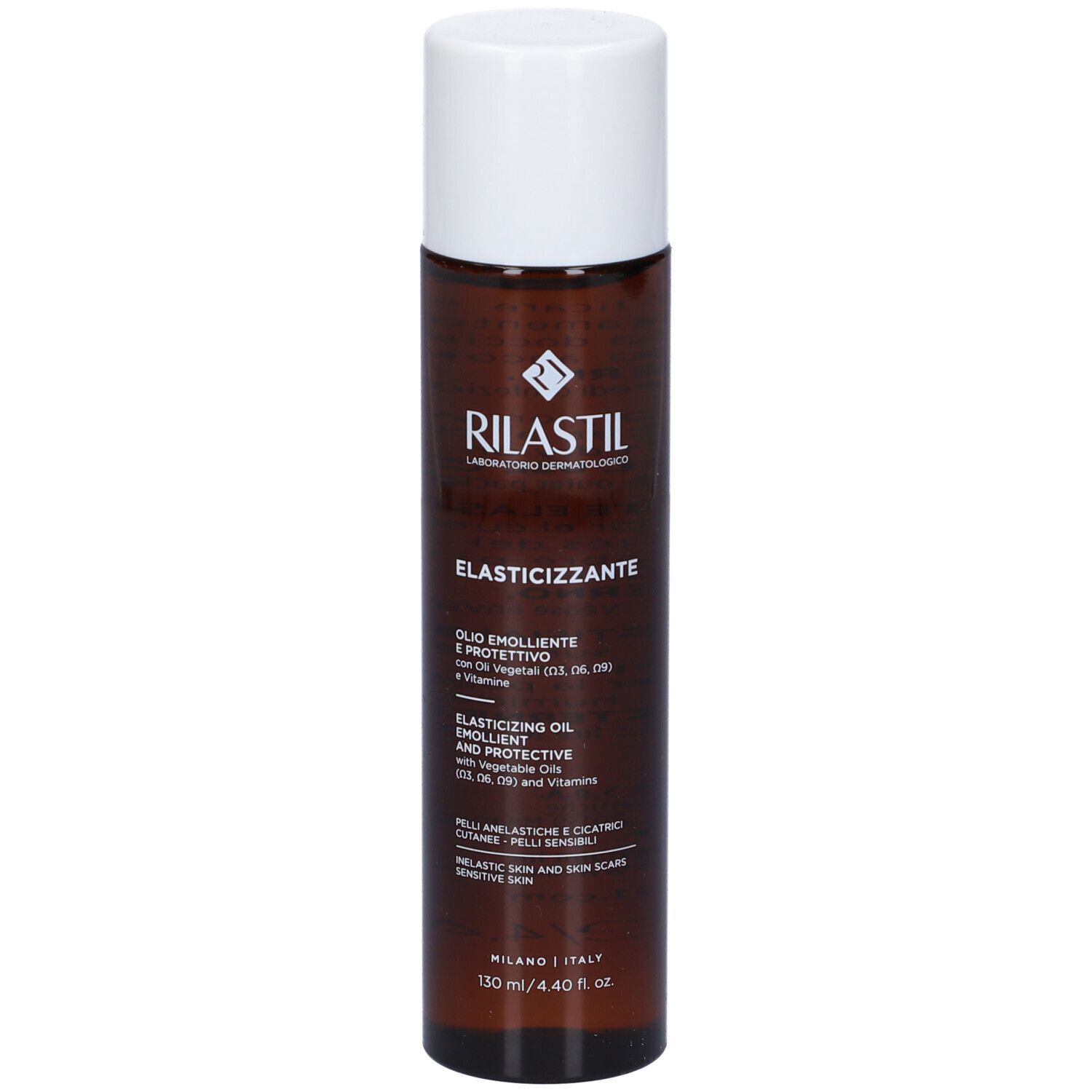 Flacone marrone con tappo bianco. Scritta: RILASTIL, Olio elasticizzante. Per pelli sensibili e cicatrici.