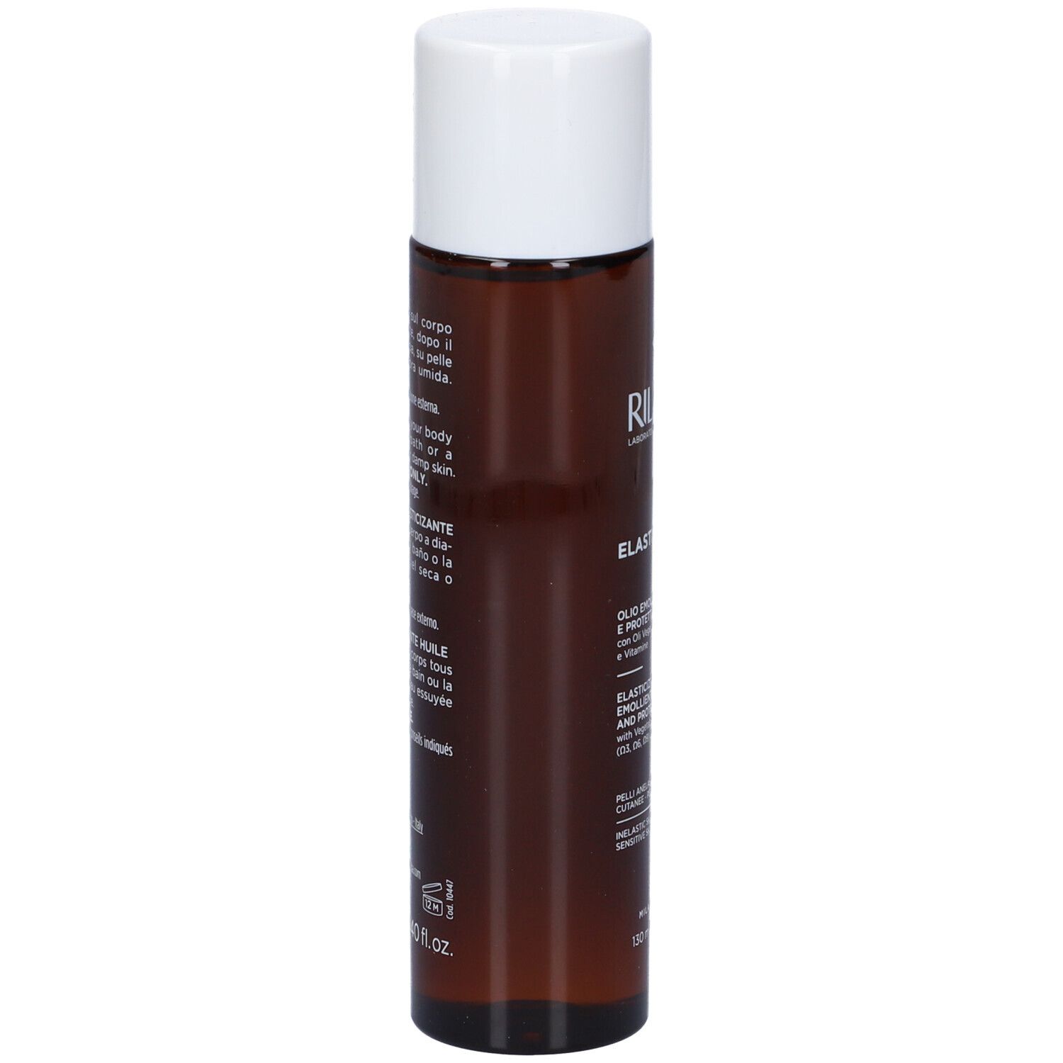 Flacone marrone con tappo bianco. Scritta: RILASTIL, Olio elasticizzante. Retro con istruzioni per l'uso.