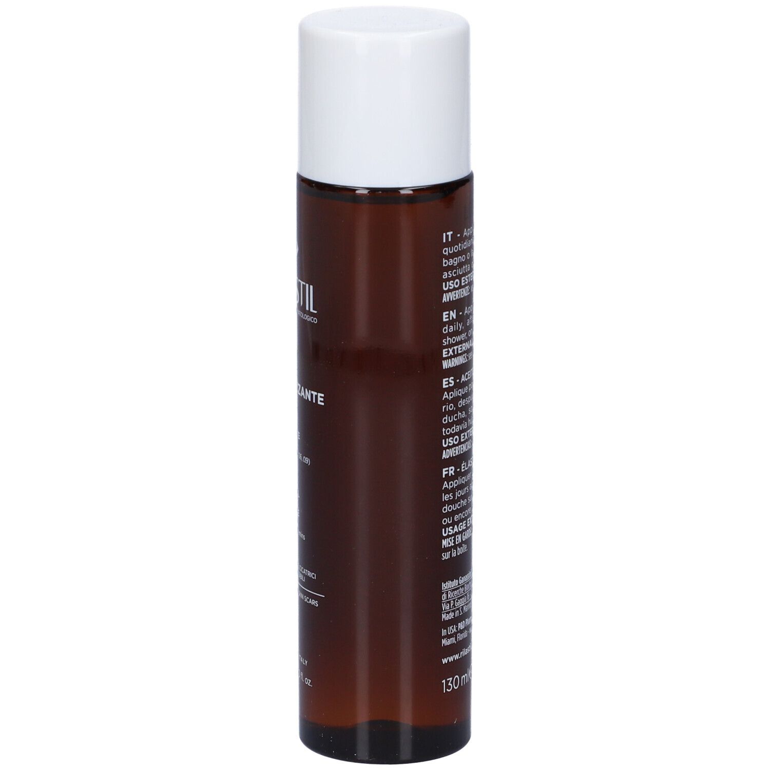Flacone marrone con tappo bianco. Scritta: RILASTIL, Olio elasticizzante. Retro con istruzioni per l'uso.