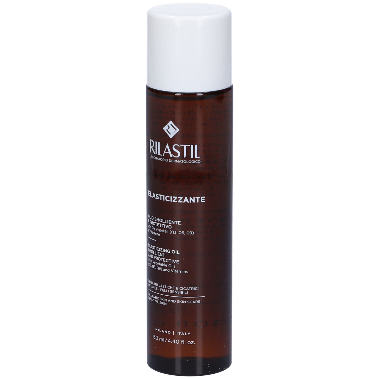 Flacone marrone con tappo bianco. Scritta: RILASTIL, Olio elasticizzante. Per pelli sensibili e cicatrici.