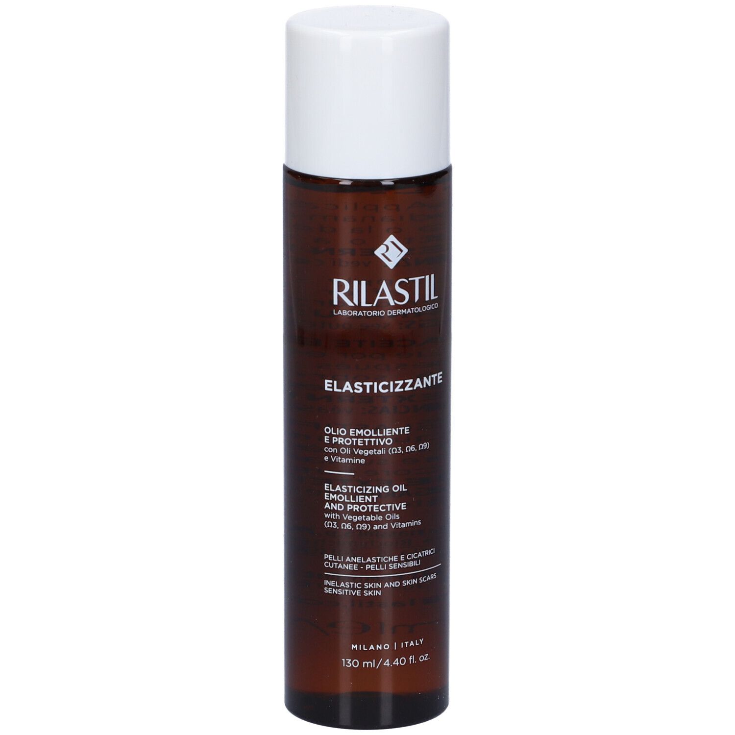 Flacone marrone con tappo bianco. Scritta: RILASTIL, Olio elasticizzante. Per pelli sensibili e cicatrici.