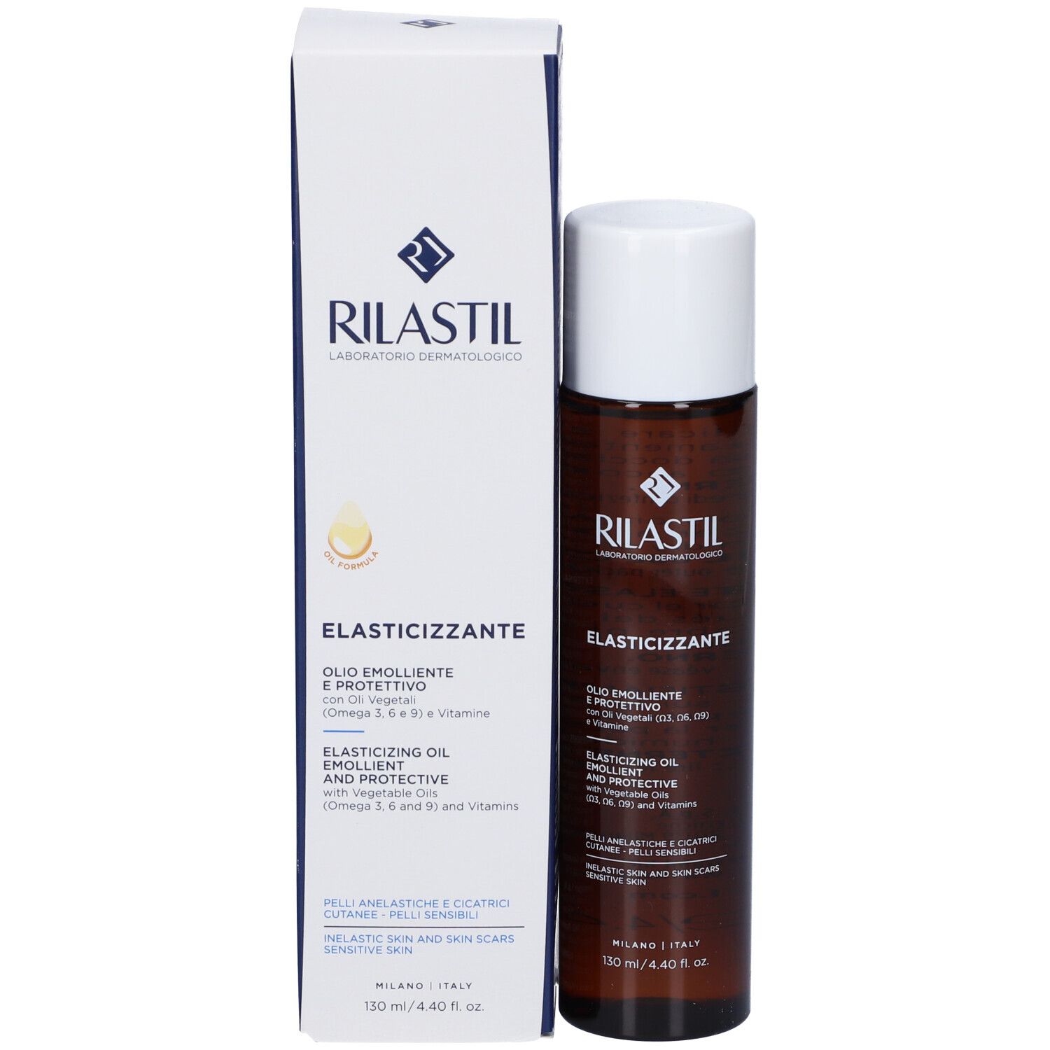 Flacone e confezione del prodotto. Scritta: RILASTIL, Olio elasticizzante. Per pelli sensibili e cicatrici.