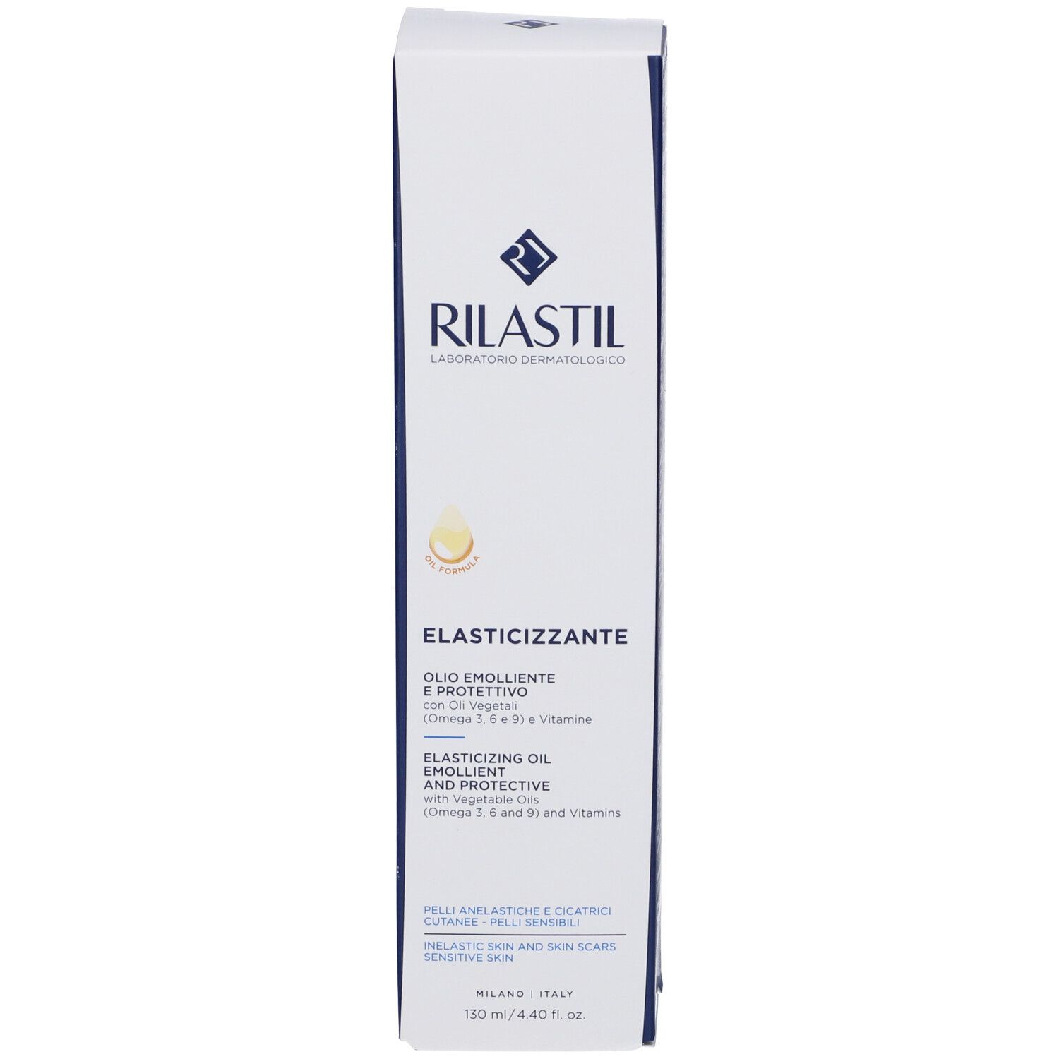 Confezione del prodotto. Scritta: RILASTIL, Olio elasticizzante. Per pelli sensibili e cicatrici.