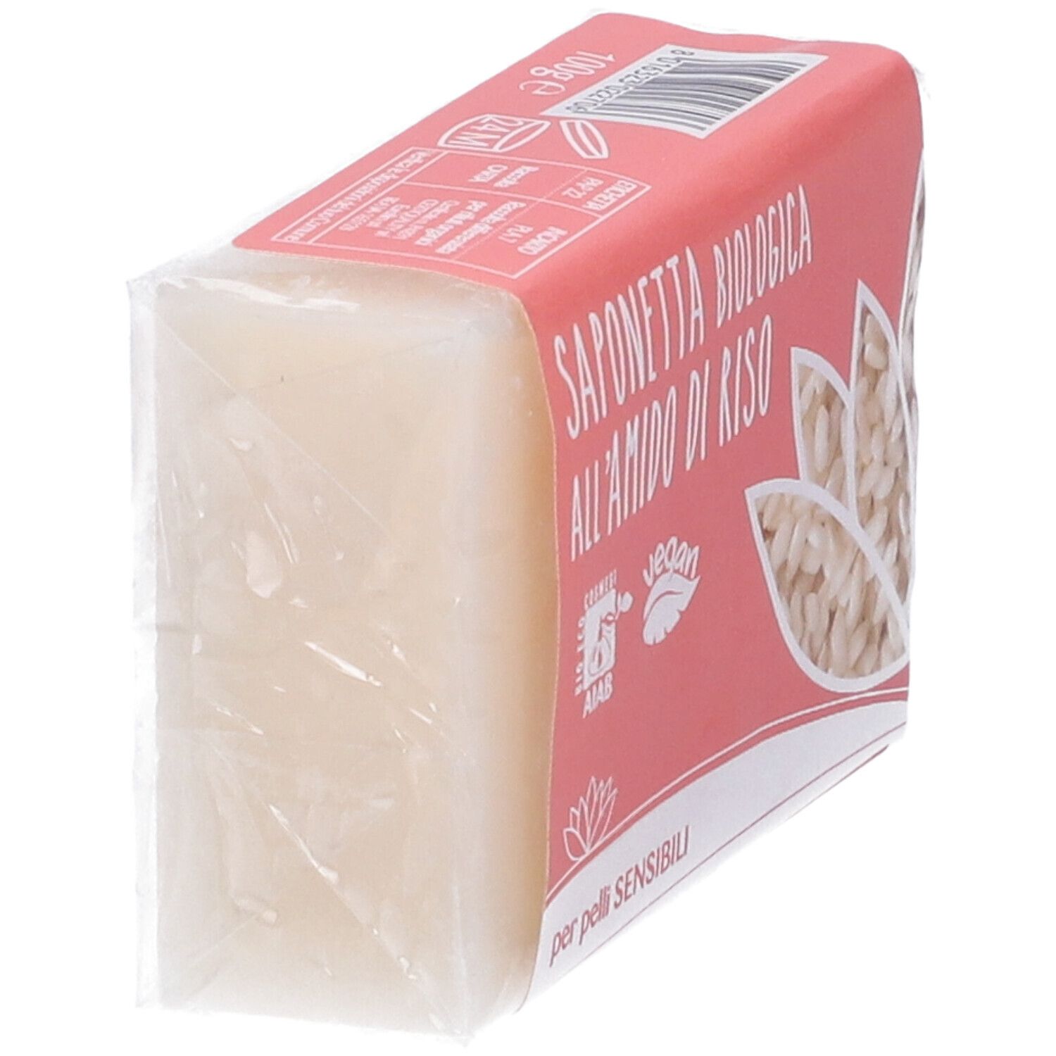 Rechteckige Seife mit Reisstärke, in rosa Verpackung mit Reismotiv und Siegeln.