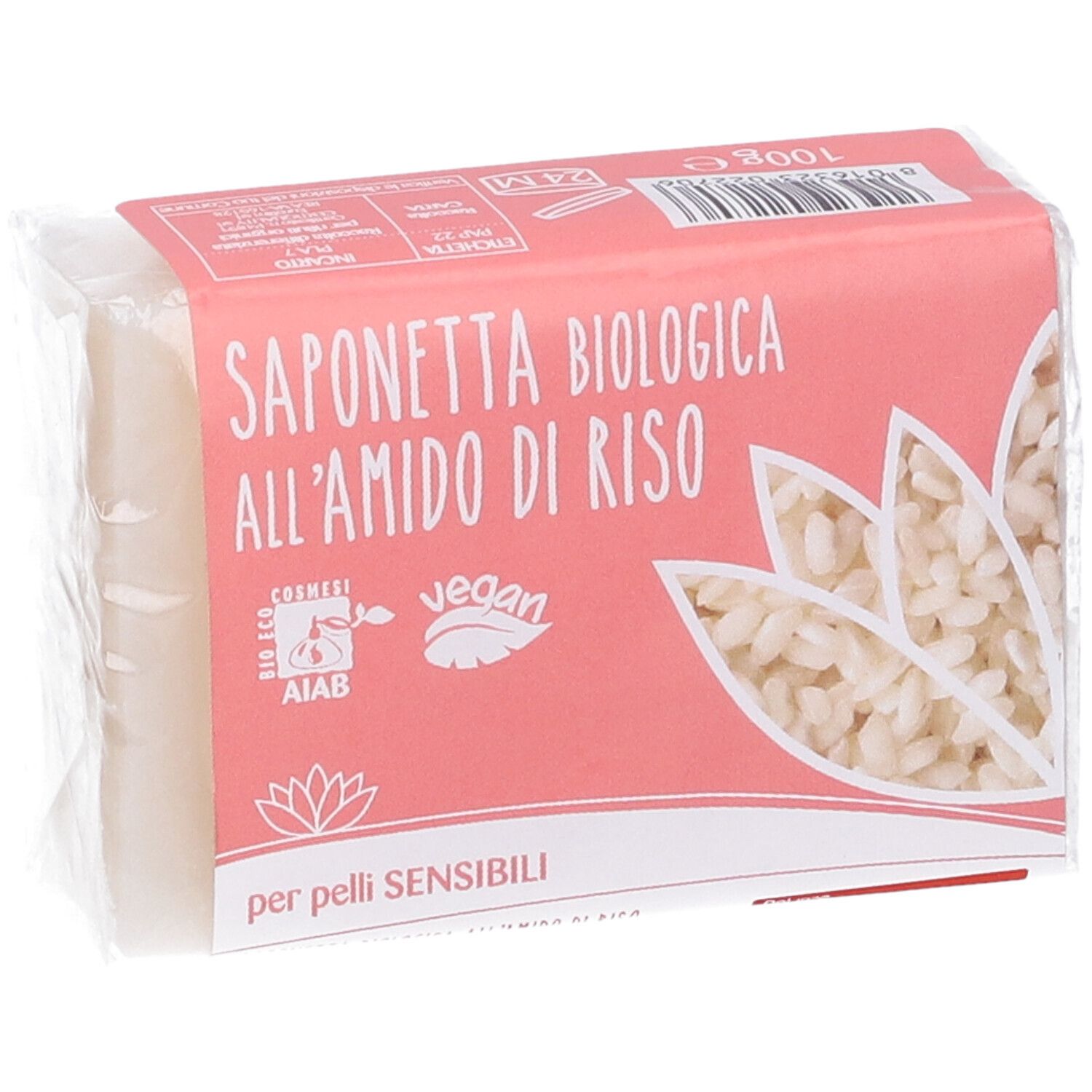 Verpackte Seife mit Reissstärke, 100g. Bio-zertifiziert und vegan.
